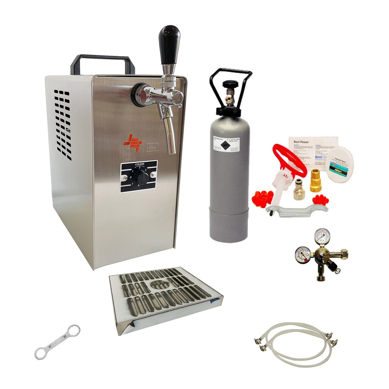 Komplett Set - Zapfanlage JET 30 Bierkoffer, Durchlaufkühler 1-leitig Trockenkühler, bis zu 35 Liter/h, Reinigungsset für Zapfanlage und Keg, KeyKeg