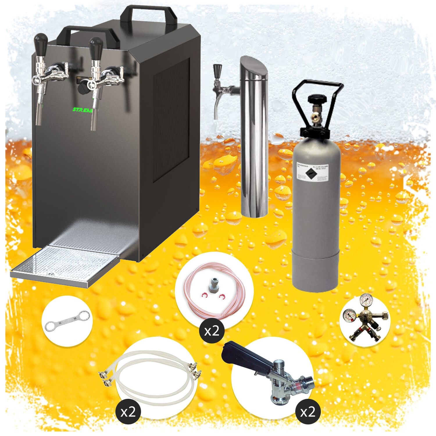 Untertheken Komplett Set - Zapfanlage STREAM 80 Bierkoffer, Bierzapfanlage, Durchlaufk&uuml;hler 2-leitig Trockenk&uuml;hler, Zapfkopf 2:NC Adapter,Zapfkopf:KeyKeg - Bild 1