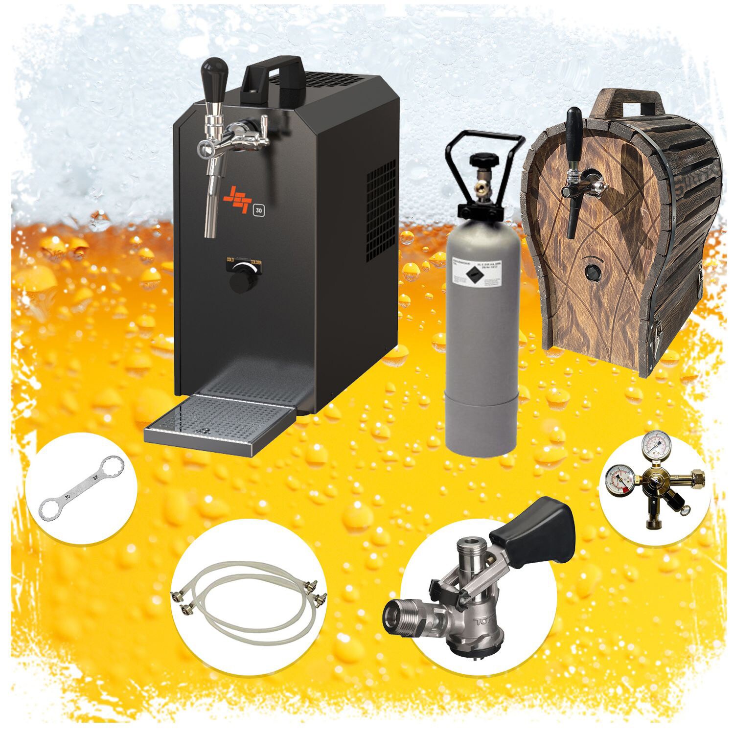 Komplett Set - Zapfanlage JET 30 Bierkoffer, Bierzapfanlage, Durchlaufk&uuml;hler 1-leitig Trockenk&uuml;hler, bis zu 35 Liter/h mit Holzfass, Zapfkopf:5 Liter Adapter - Bild 1