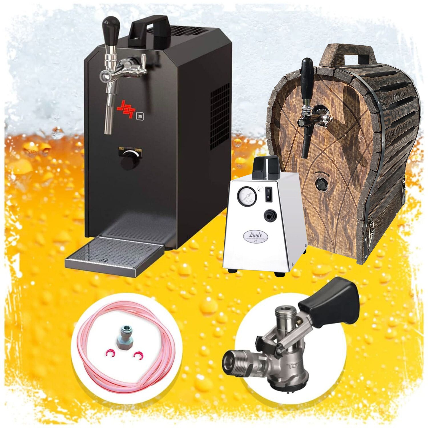 Komplett Set - Zapfanlage JET 30 Bierkoffer, Bierzapfanlage, Durchlaufk&uuml;hler 1-leitig Trockenk&uuml;hler, bis zu 35 Liter/h mit Holzfass, Zapfkopf:K&ouml;pi - Bild 1