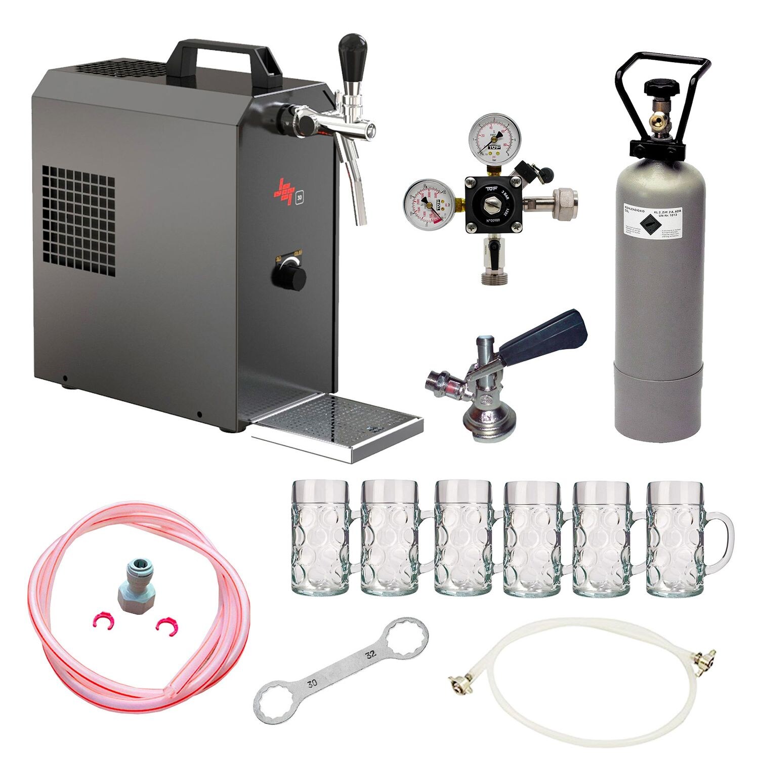 Komplett Set - Zapfanlage JET 30 Bierkoffer, Durchlaufkühler 1-leitig Trockenkühler, bis zu 35 Liter/h, inkl. Biergläser ISAR 0,3 Liter 6 Stk., Zapfkopf:5 Liter Adapter