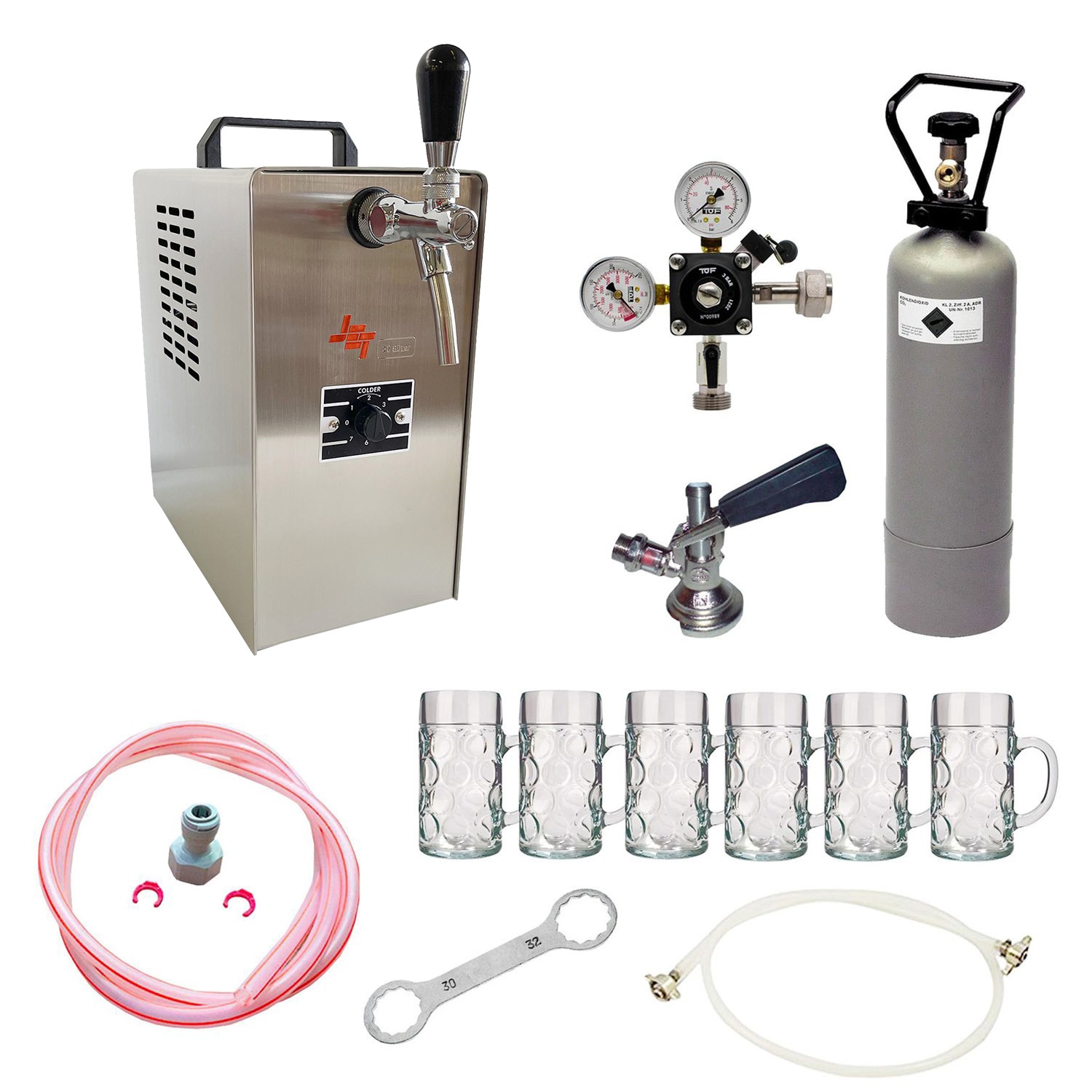 Komplett Set - Zapfanlage JET 30 Bierkoffer, Durchlaufk&uuml;hler 1-leitig Trockenk&uuml;hler, bis zu 35 Liter/h, inkl. Biergl&auml;ser ISAR 0,3 Liter 6 Stk., Zapfkopf:KeyKeg - Bild 1