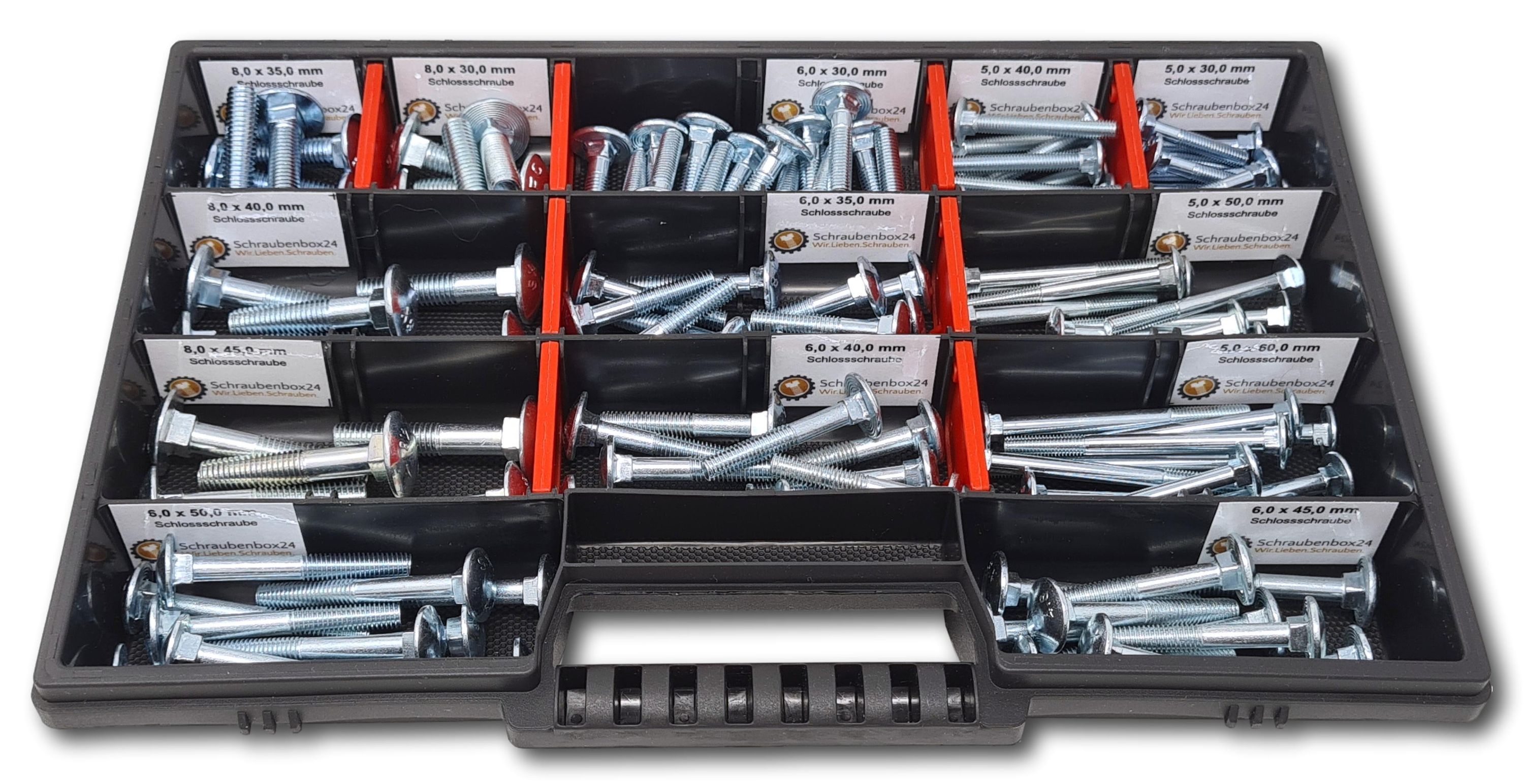 Flachkopfschrauben Sortiment M5-M6-M8 // 30mm-60mm 115 tlg. Schraubenbox DIN 603 Bolzen Vollgewindeschrauben Maschinenschrauben Gewindeschrauben Flachkopfschrauben - Bild 1