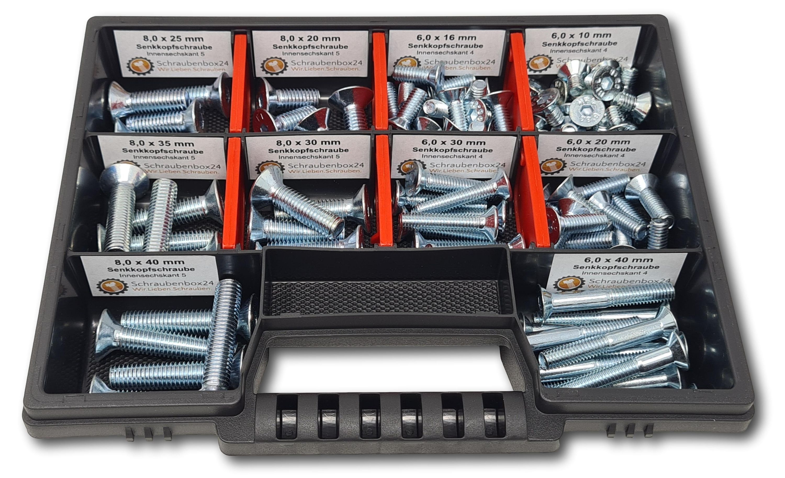 Senkkopfschrauben Sortiment M6-M8 // 10mm-40mm 105 tlg. Schraubenbox DIN 7991/ISO 10642 Bolzen Vollgewindeschrauben Maschinenschrauben Gewindeschrauben Senkkopfschrauben - Bild 1