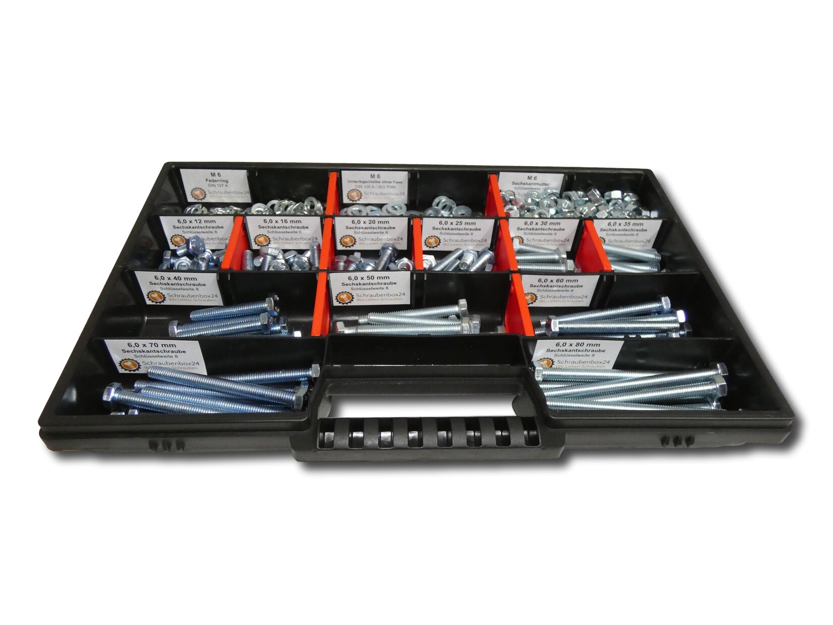 480 tlg Sechskantschrauben Sortiment mit Muttern Unterlegscheiben Federringen M6 // 12mm-80mm  Schrauben Set | 04270002651210