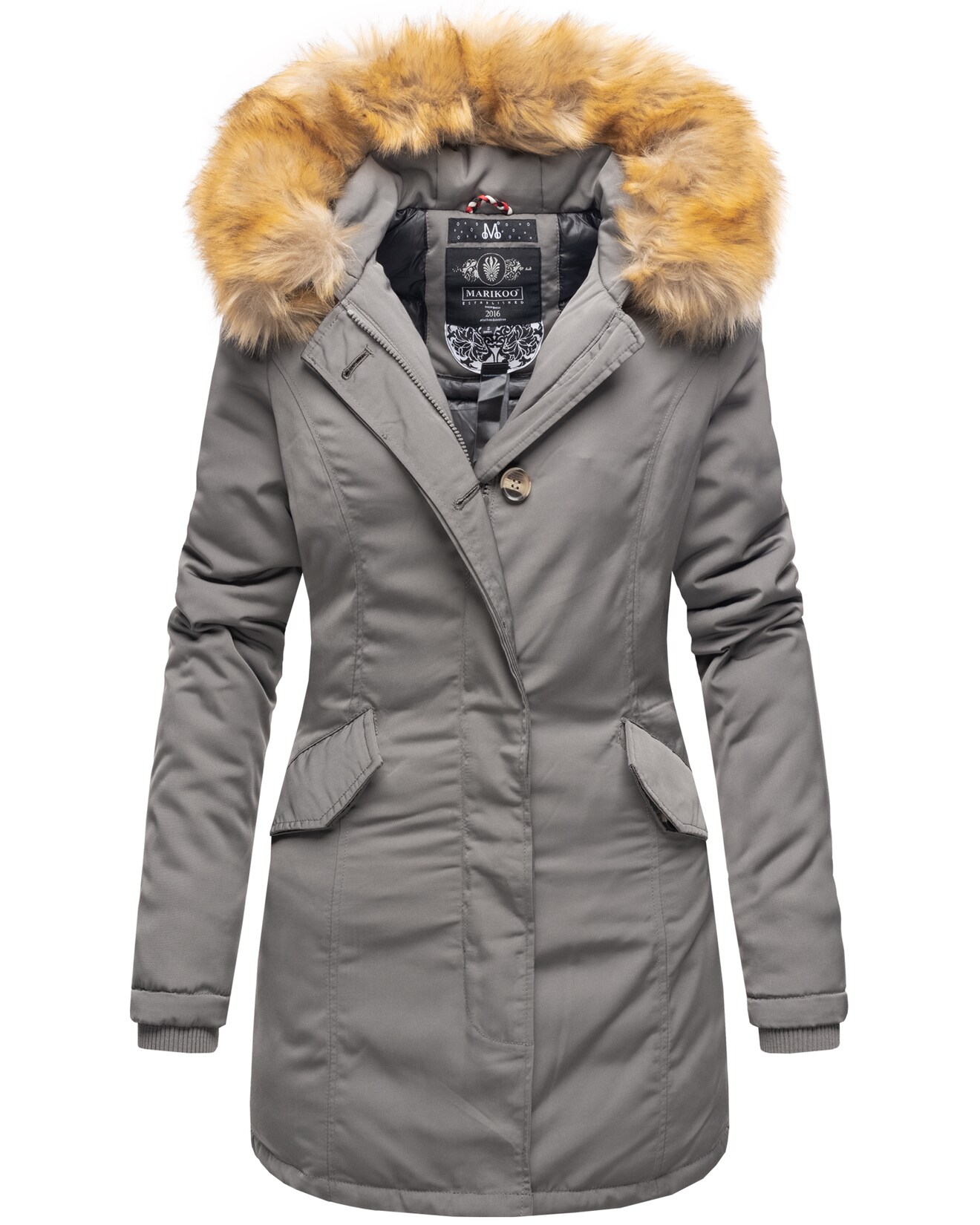 MARIKOO Damen edler Wintermantel Parka mit Kunstfellkapuze Karmaa