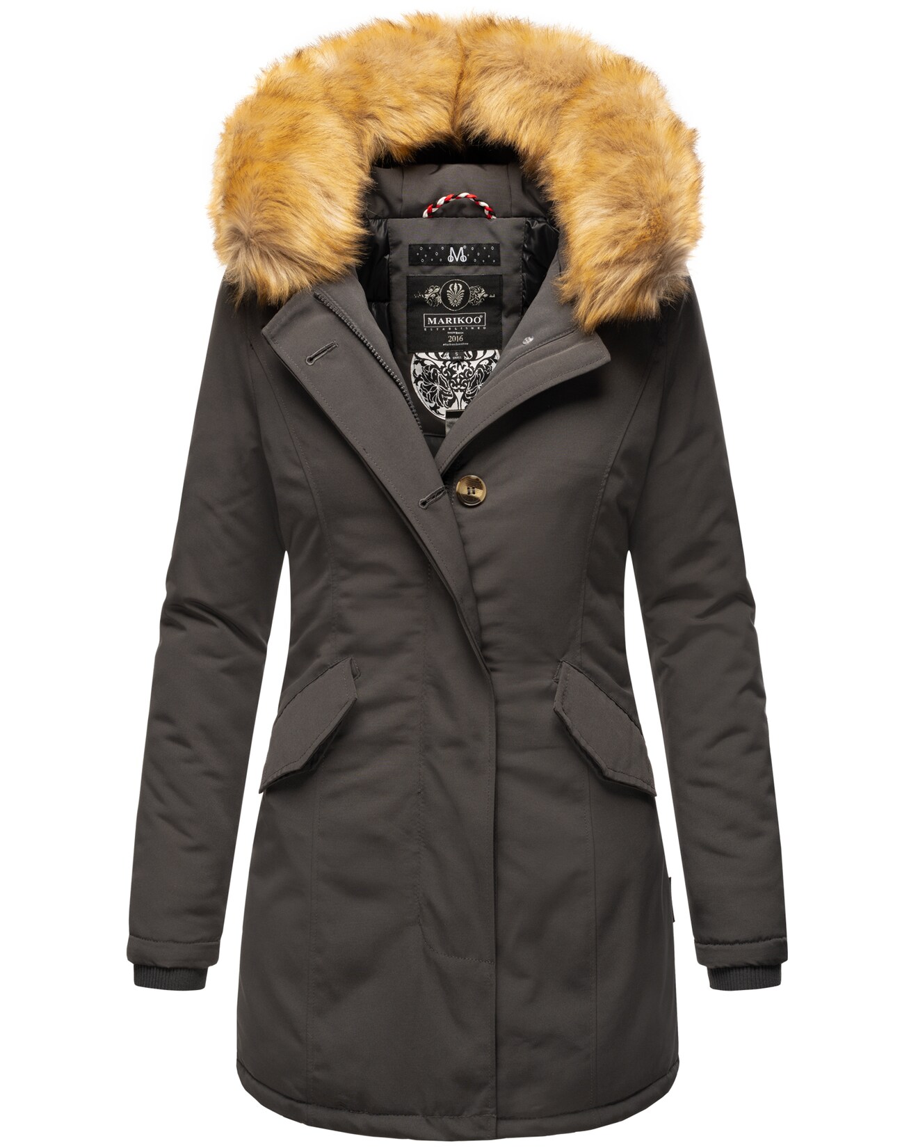 MARIKOO Damen edler Wintermantel Parka mit Kunstfellkapuze Karmaa