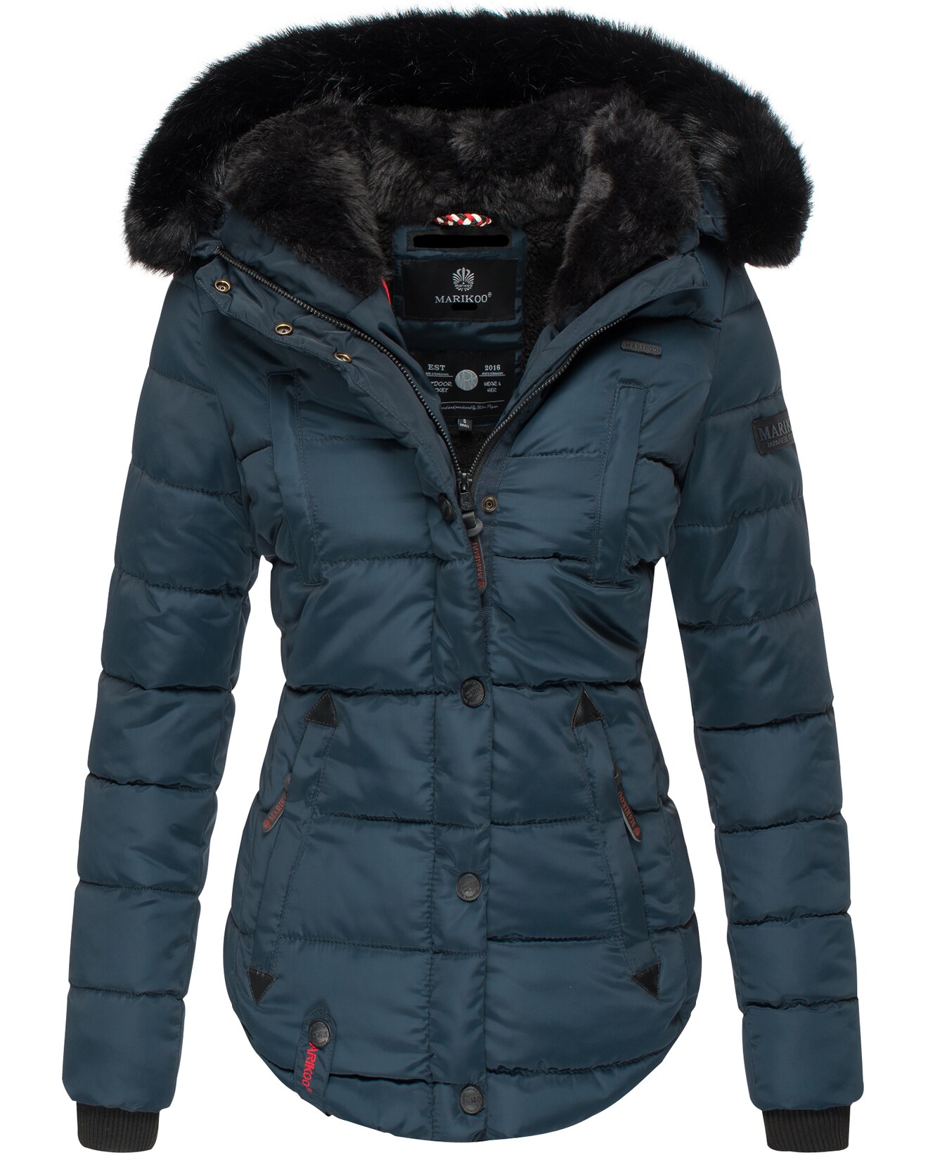 MARIKOO Damen Designer Steppjacke Winter Jacke mit edler Kunstpelz Kapuze Lotusblüte