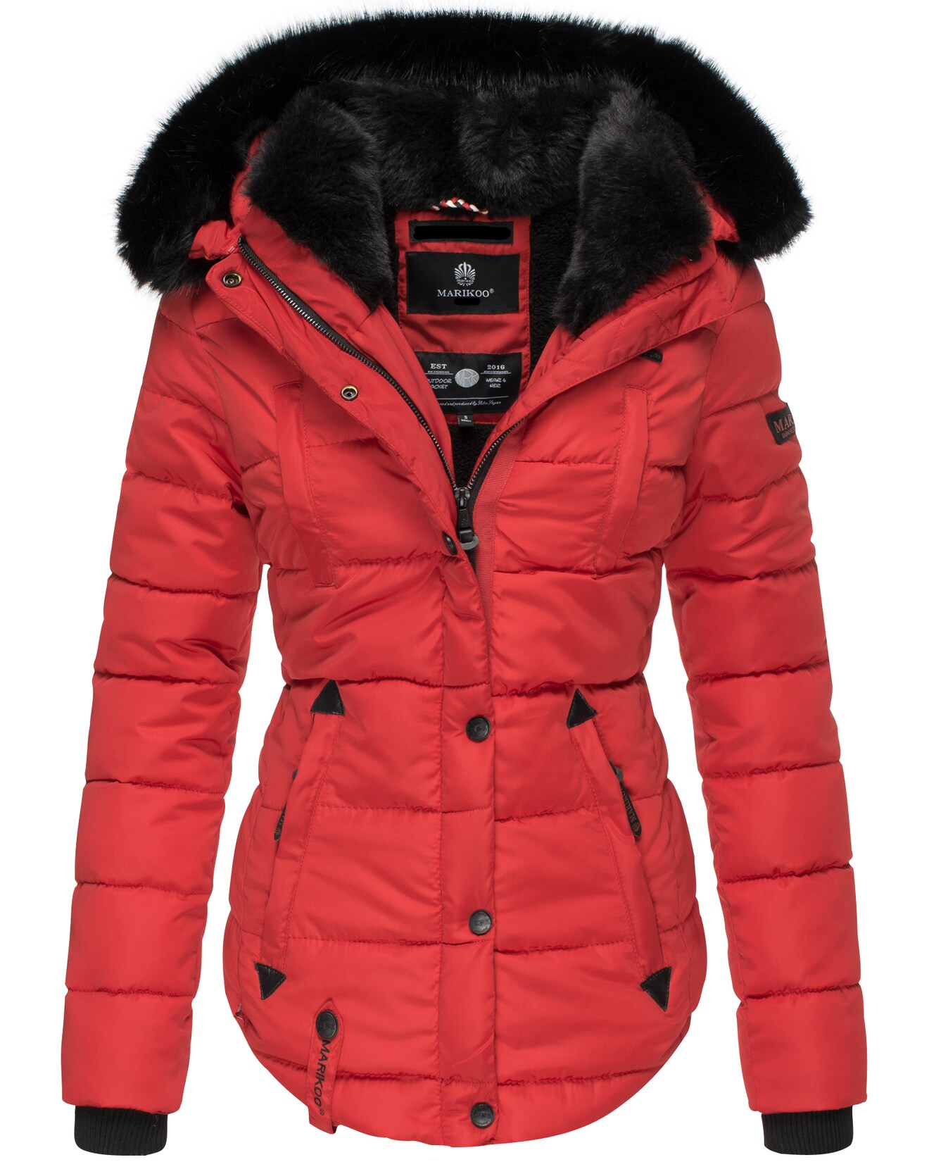 MARIKOO Damen Designer Steppjacke Winter Jacke mit edler Kunstpelz Kapuze Lotusblüte