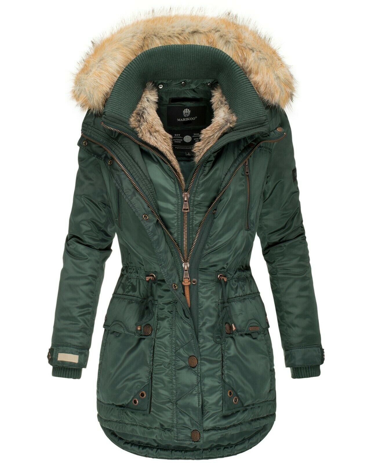 MARIKOO Damen Designer Wintermantel Winter Parka mit Kunstpelz-Kapuze Grinsekatze | 04059072147942