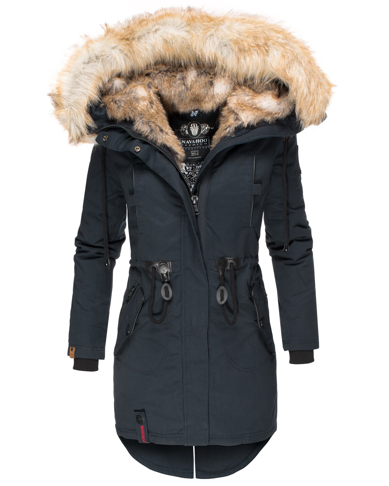 NAVAHOO Damen stylischer Wintermantel Winterparka mit Kunstfell-Kapuze Bombii