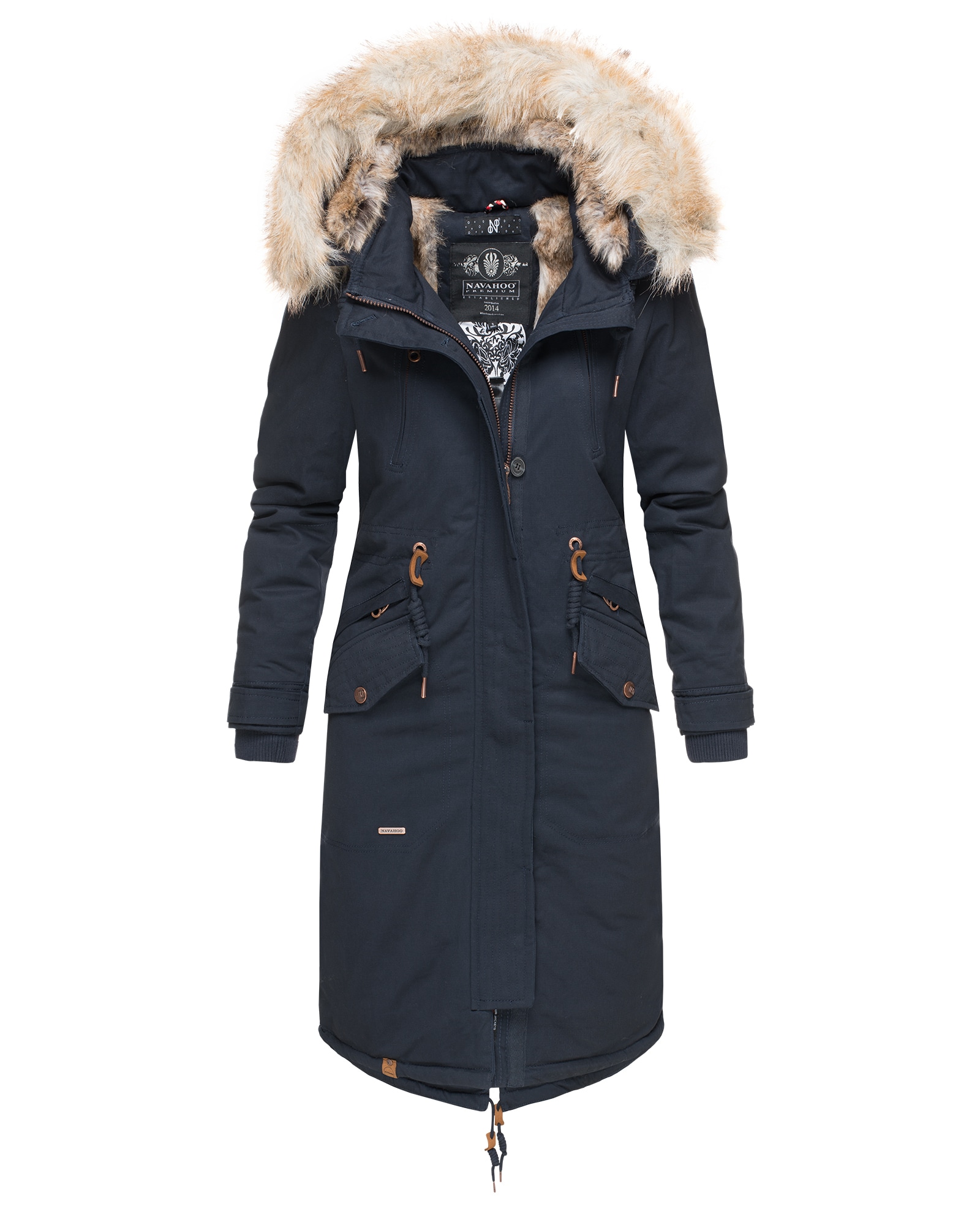 NAVAHOO Damen Designer Langer Wintermantel Parka mit Kunstfell-Kapuze Kin-Joo - Bild 1