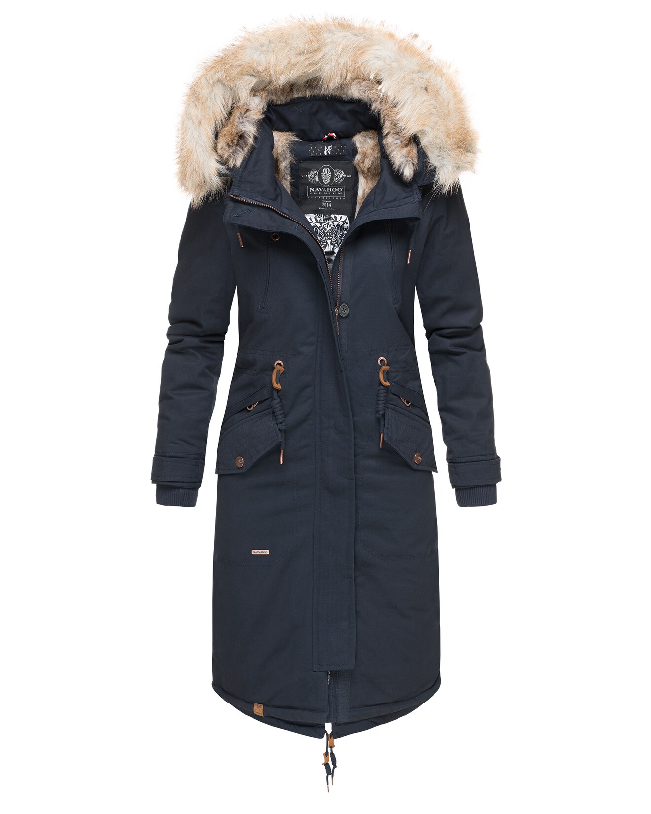 NAVAHOO Damen Designer Langer Wintermantel Parka mit Kunstfell-Kapuze Kin-Joo