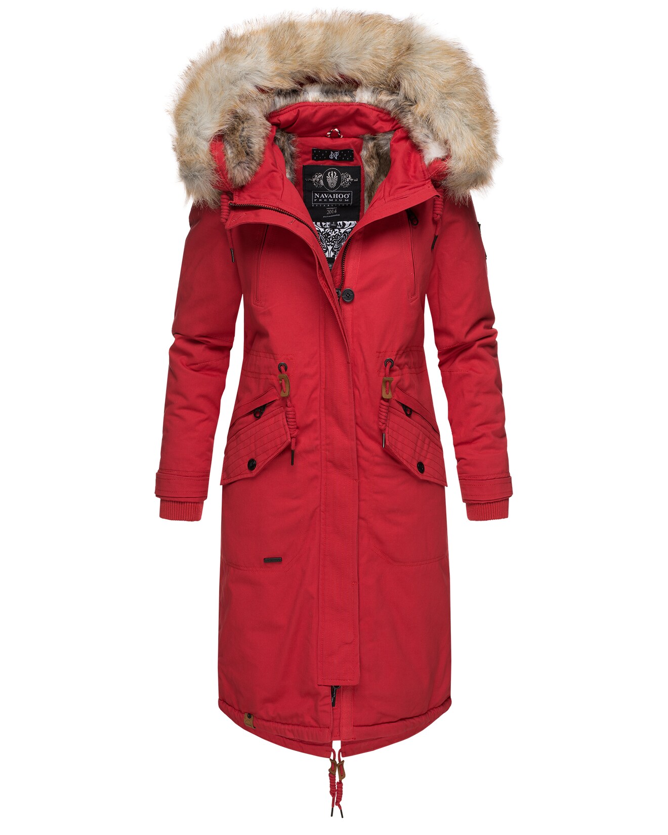 NAVAHOO Damen Designer Langer Wintermantel Parka mit Kunstfell-Kapuze Kin-Joo