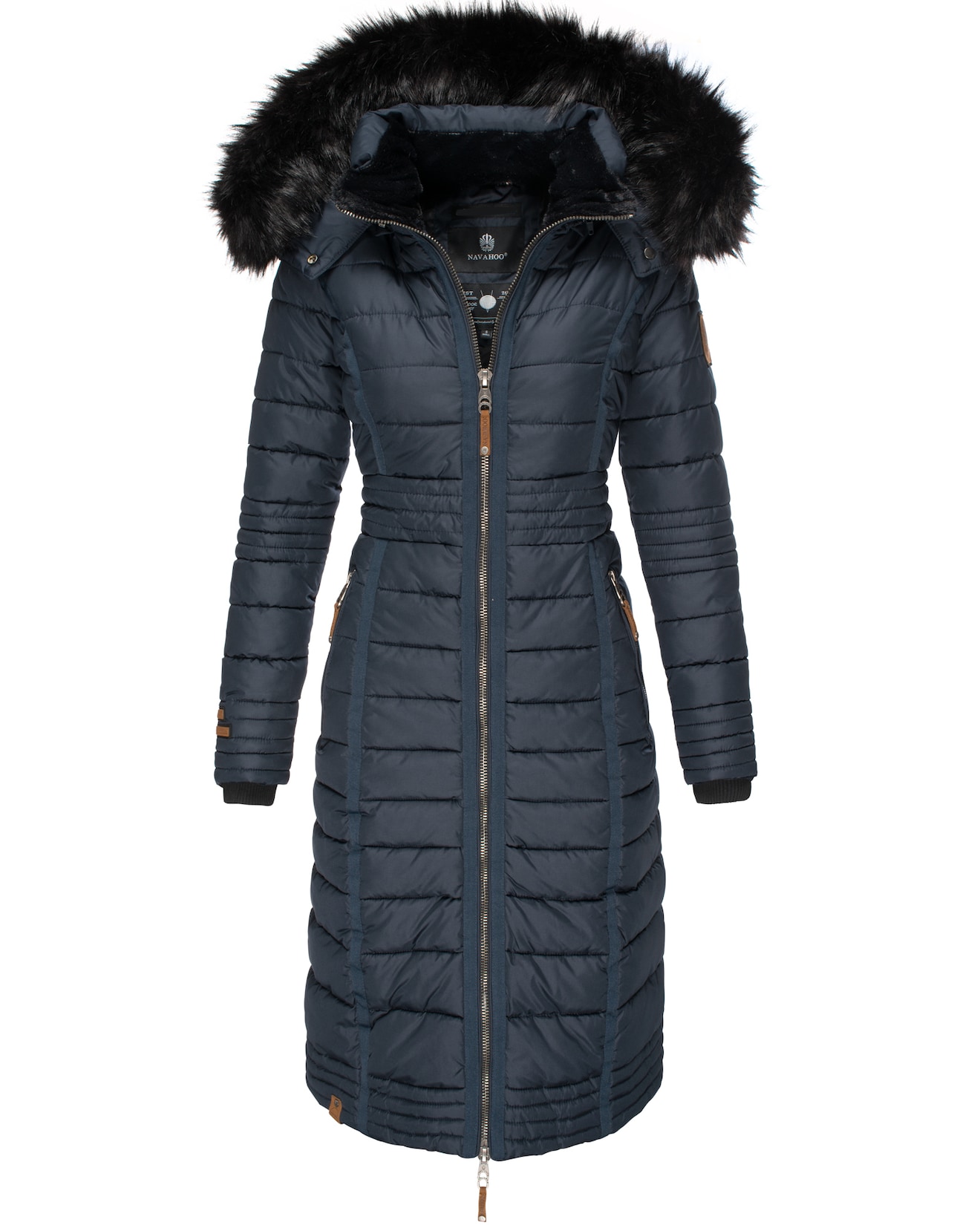 NAVAHOO Damen Wintermantel langer Winter Steppmantel mit Kunstfellkapuze Umay