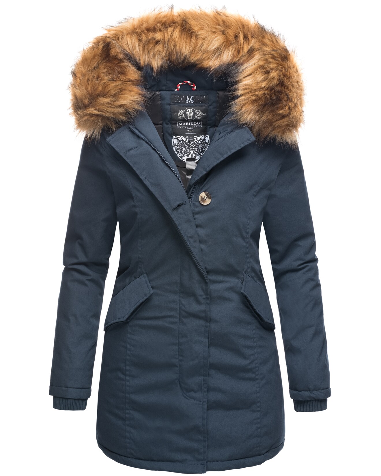 MARIKOO Damen edler Wintermantel Parka mit Kunstfellkapuze Karmaa Princess