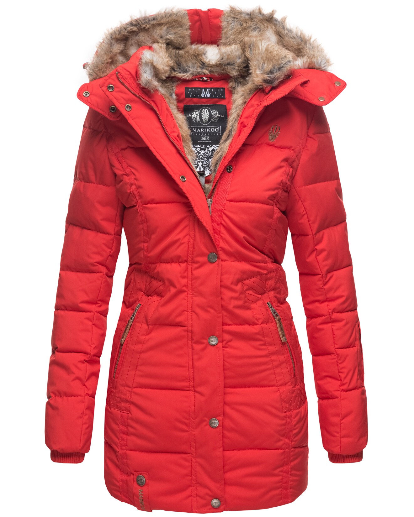MARIKOO Damen stylischer Wintermantel Steppmantel mit Kunstpelz-Kapuze Lieblings Jacke