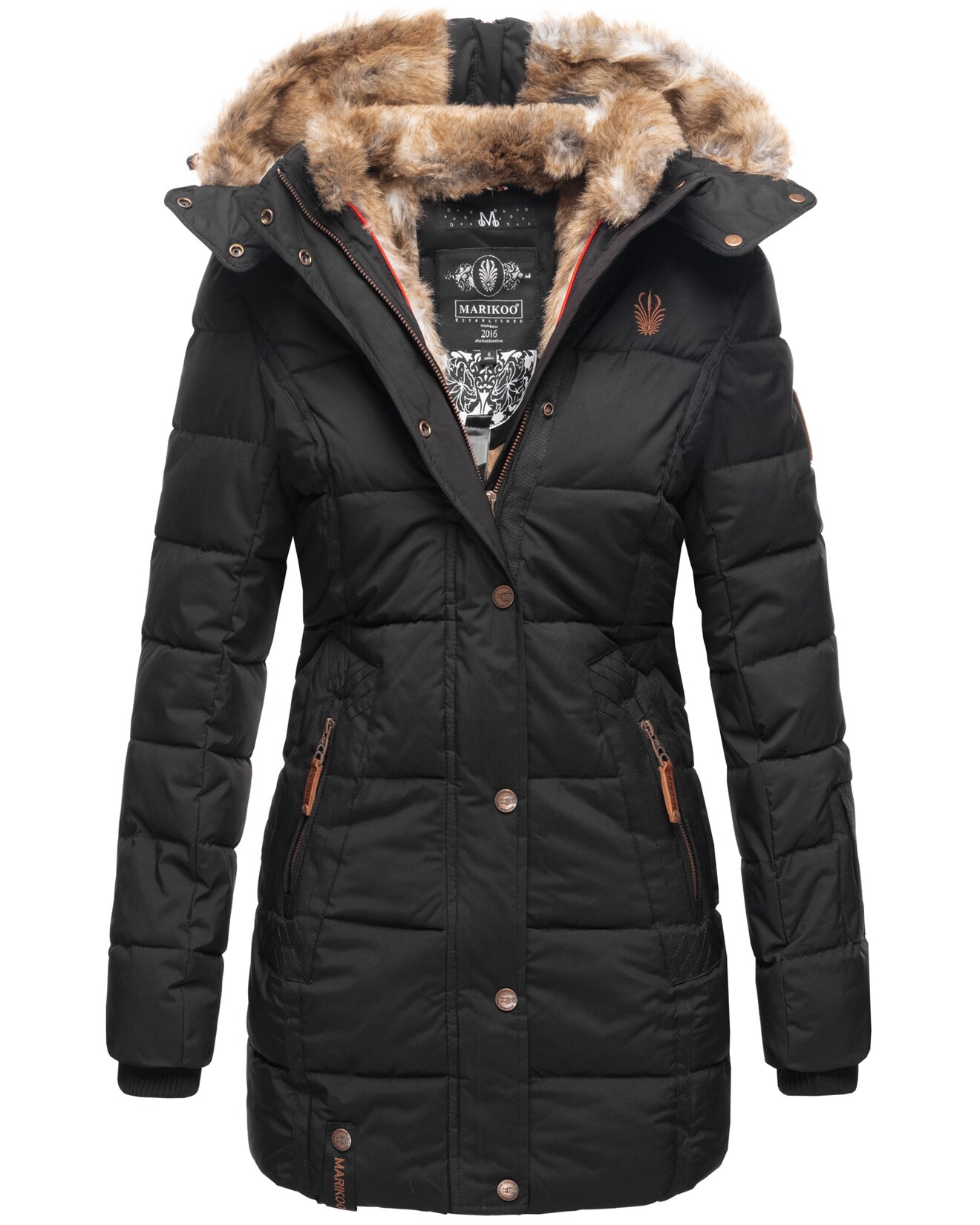 MARIKOO Damen stylischer Wintermantel Steppmantel mit Kunstpelz-Kapuze Lieblings Jacke