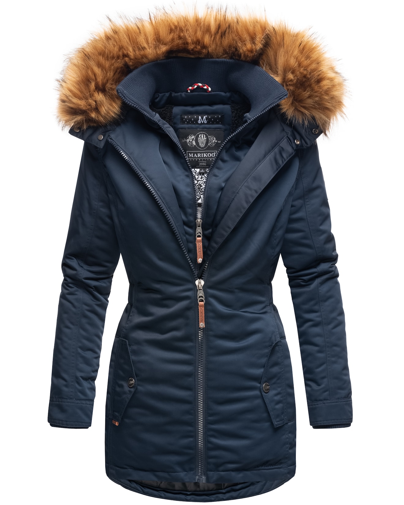 MARIKOO Damen Eleganter Wintermantel Kurzmantel mit Kunstfellkapuze Sanakoo