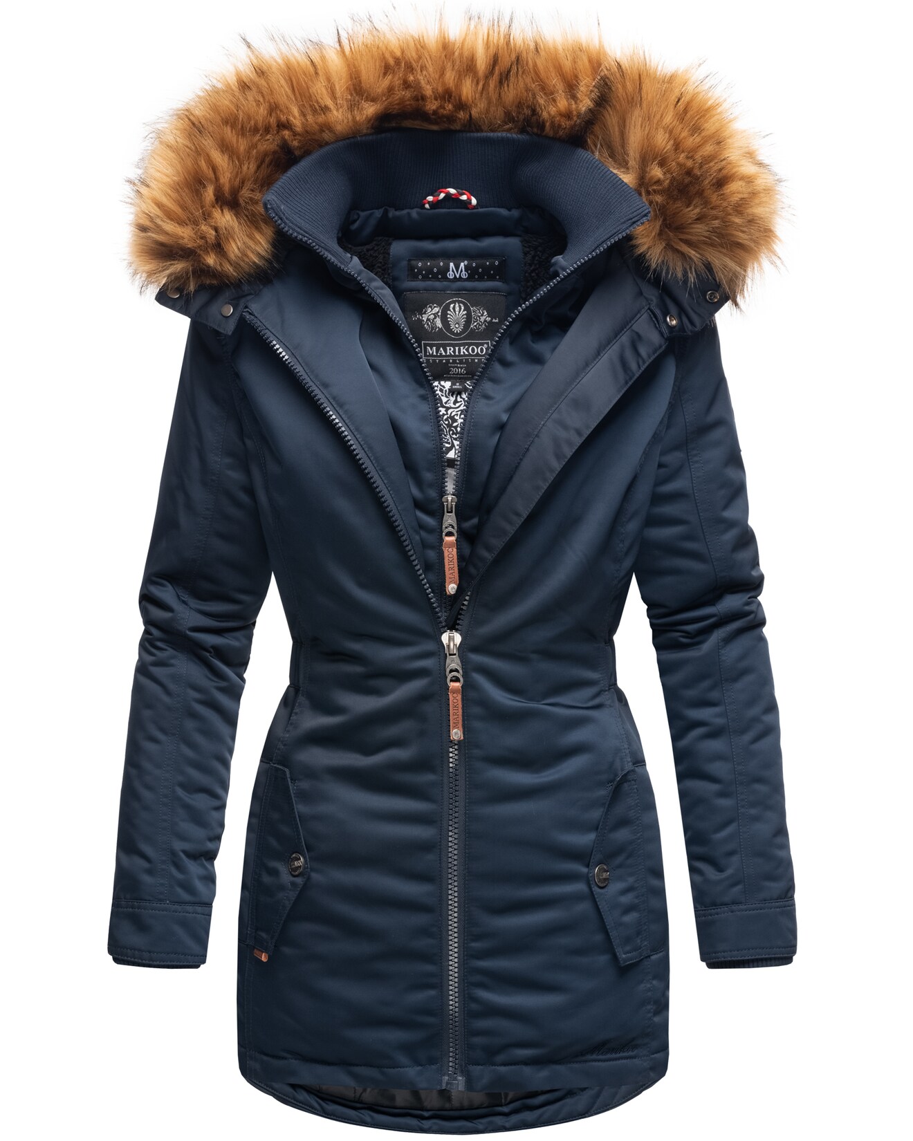 MARIKOO Damen Eleganter Wintermantel Kurzmantel mit Kunstfellkapuze Sanakoo