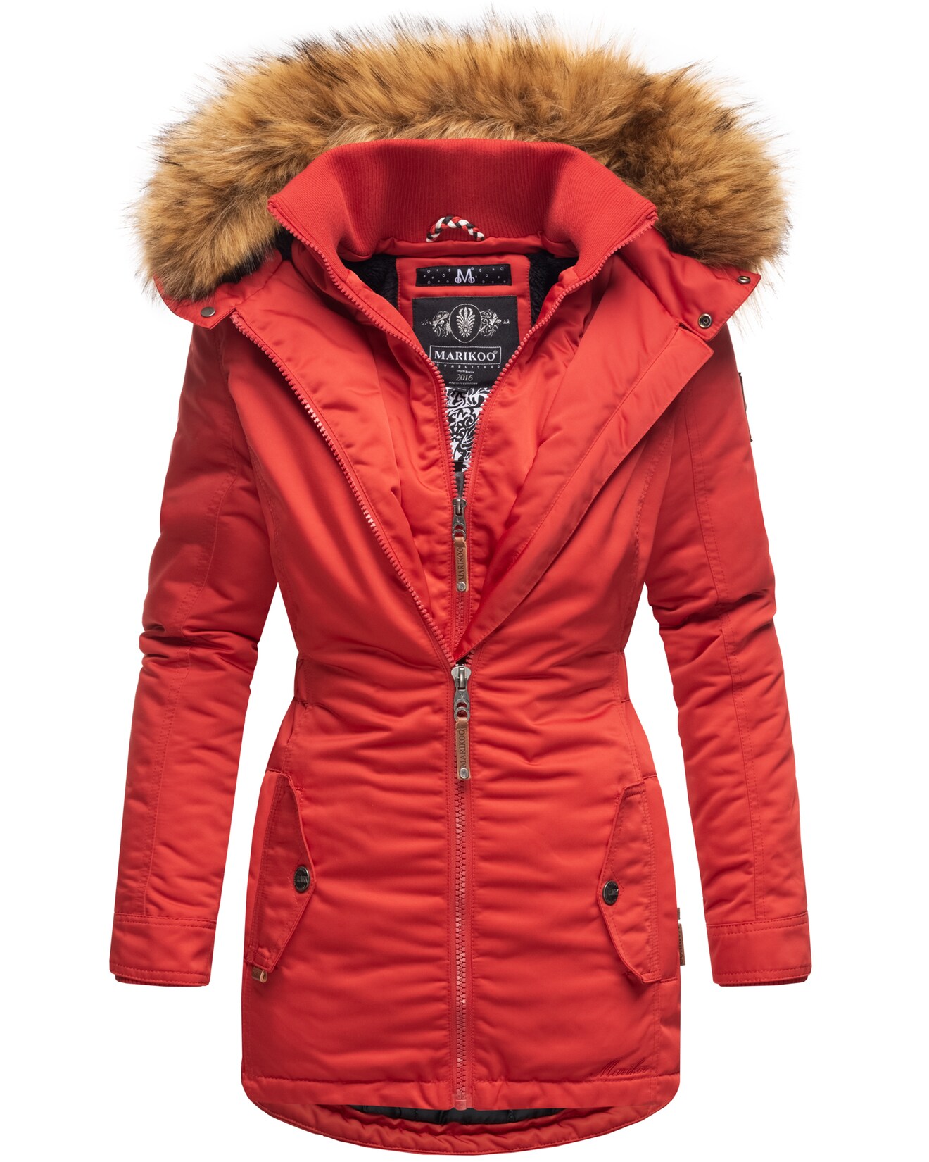 MARIKOO Damen Eleganter Wintermantel Kurzmantel mit Kunstfellkapuze Sanakoo