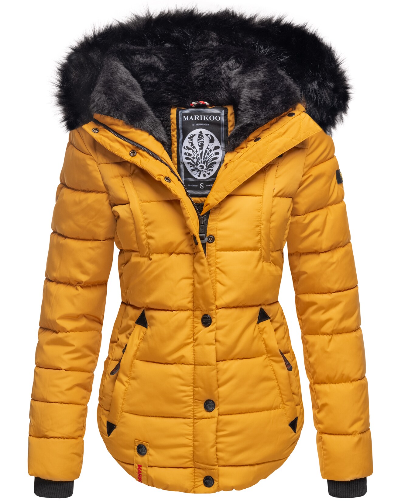 MARIKOO Damen Designer Steppjacke Winter Jacke mit edler Kunstpelz Kapuze Lotusblüte
