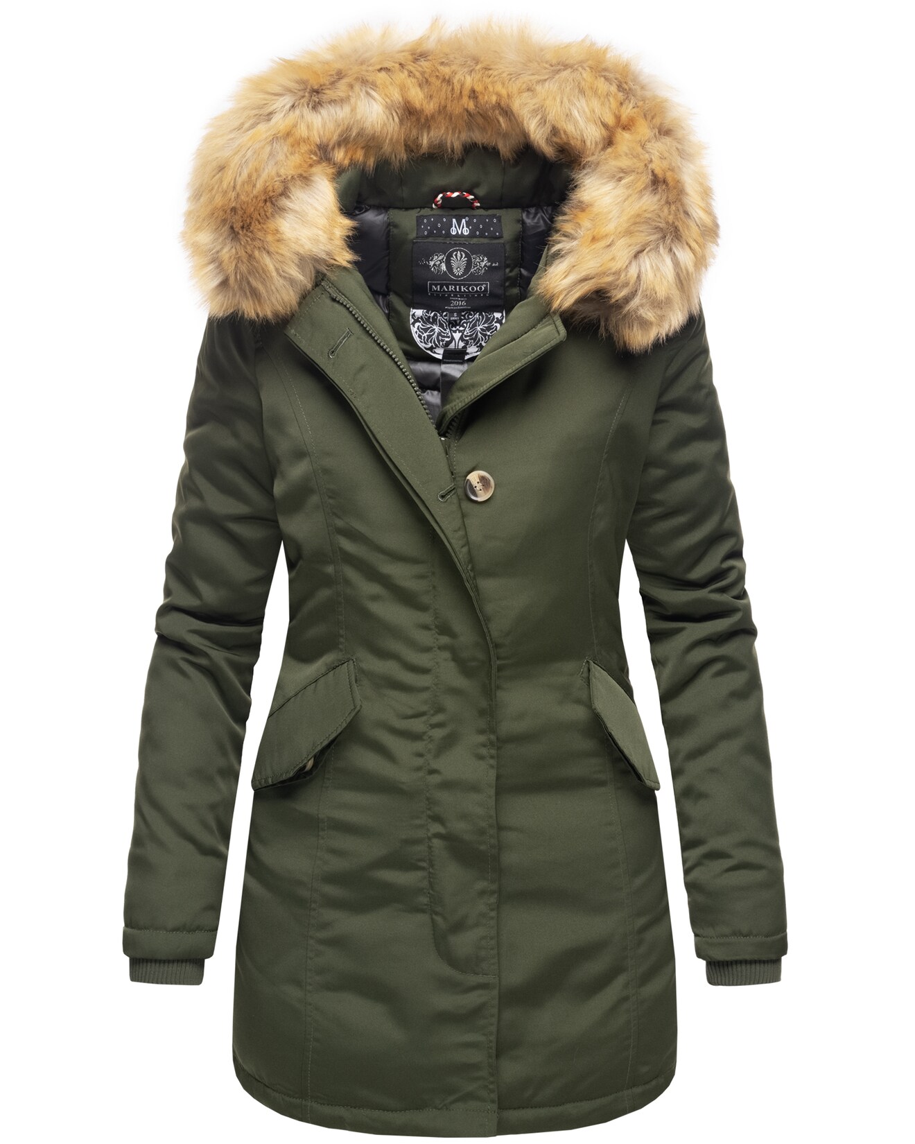 MARIKOO Damen edler Wintermantel Parka mit Kunstfellkapuze Karmaa