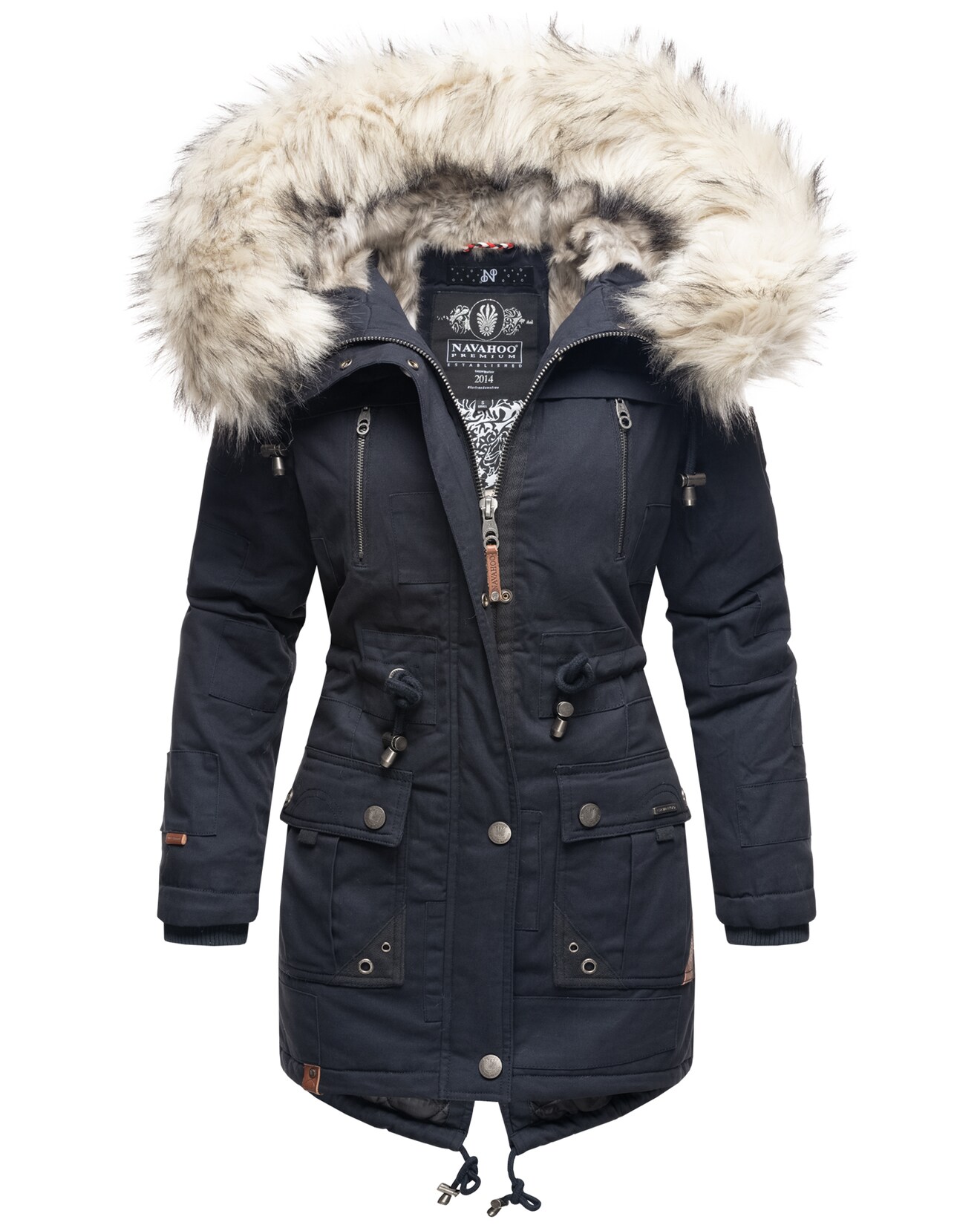 NAVAHOO Damen stylischer Wintermantel Baumwollparka mit Kunstfell-Kapuze Honigfee