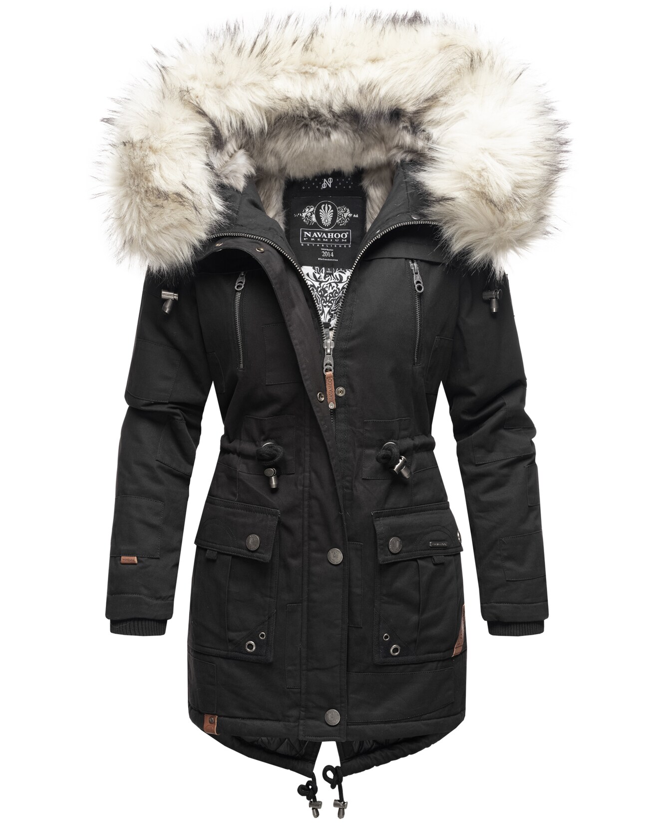 NAVAHOO Damen stylischer Wintermantel Baumwollparka mit Kunstfell-Kapuze Honigfee