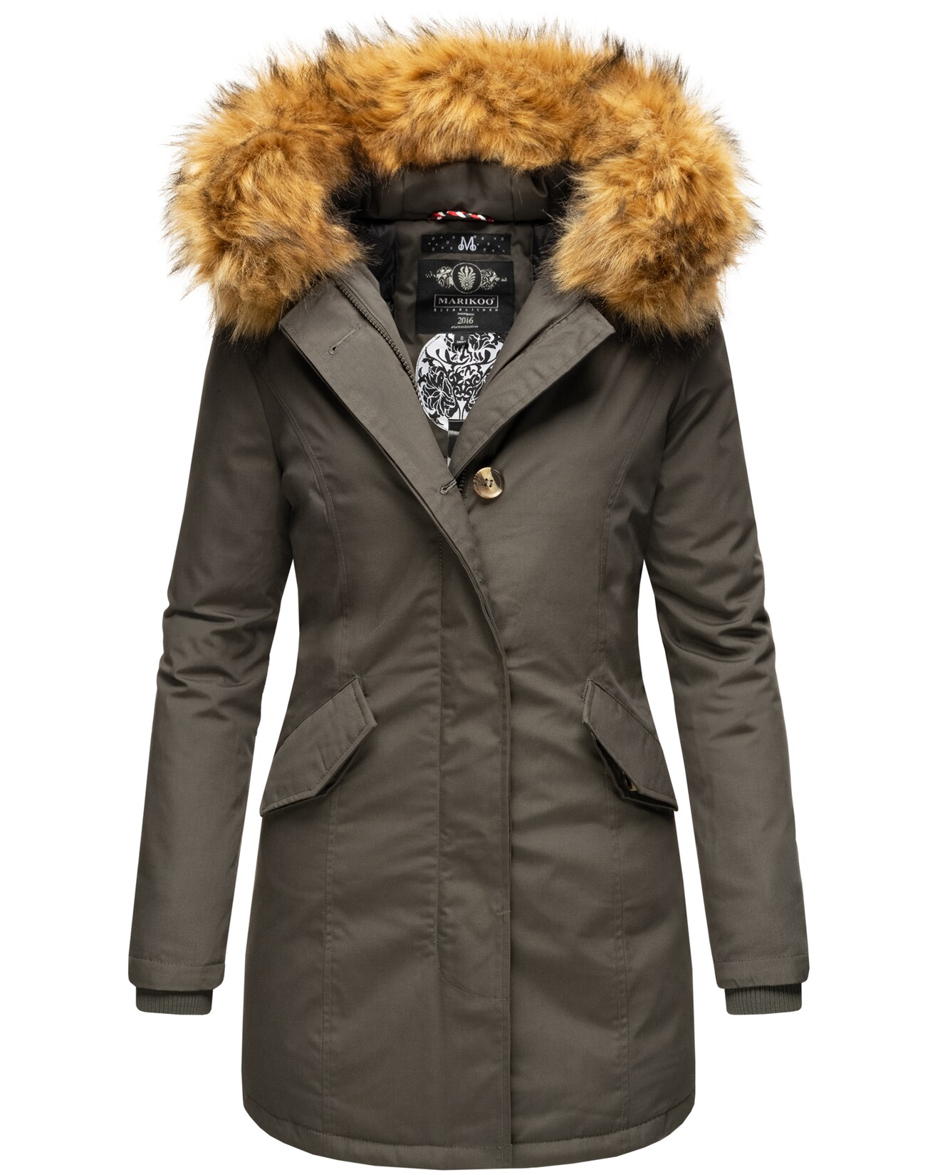 MARIKOO Damen edler Wintermantel Parka mit Kunstfellkapuze Karmaa Princess