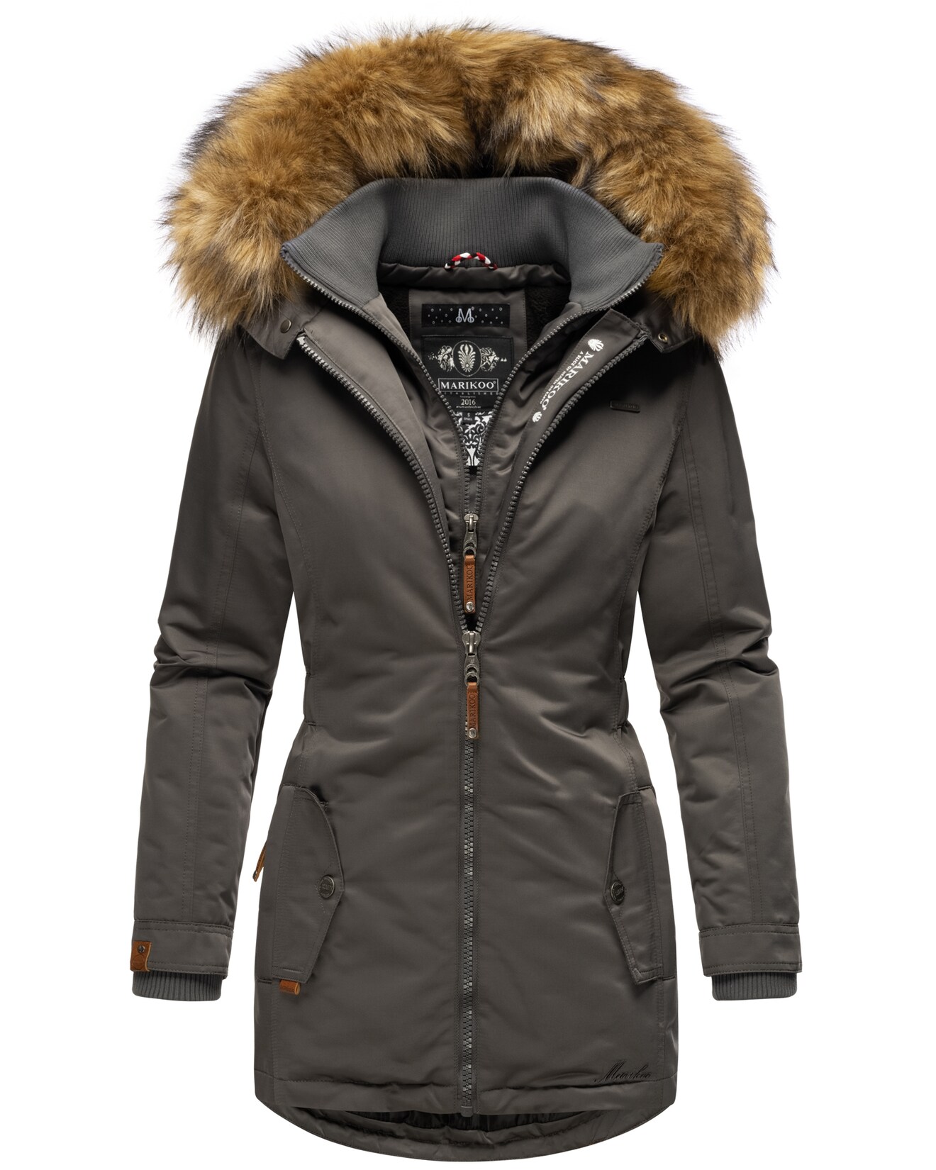 MARIKOO Damen Eleganter Wintermantel Kurzmantel mit Kunstfellkapuze Sanakoo