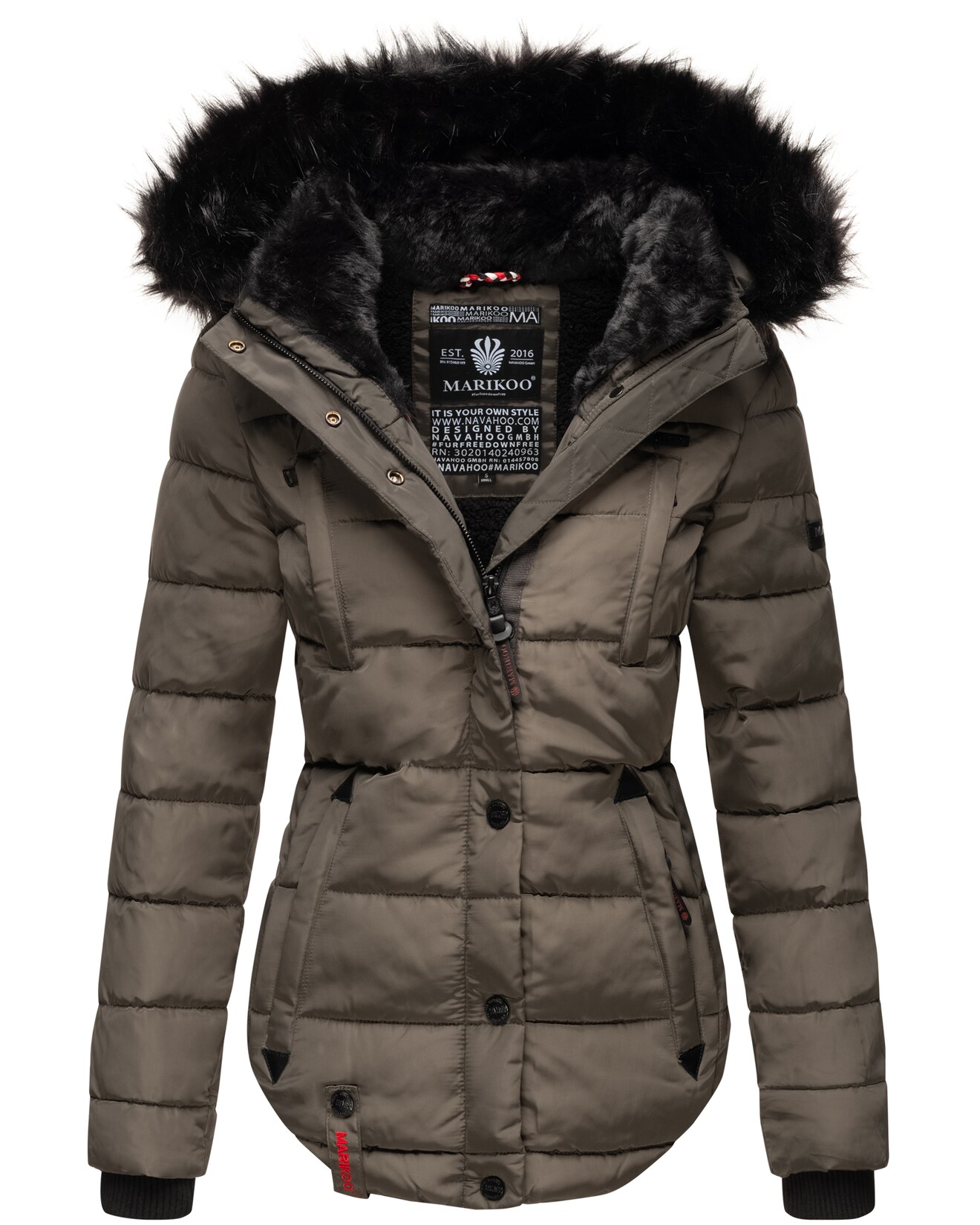 MARIKOO Damen Designer Steppjacke Winter Jacke mit edler Kunstpelz Kapuze Lotusblüte