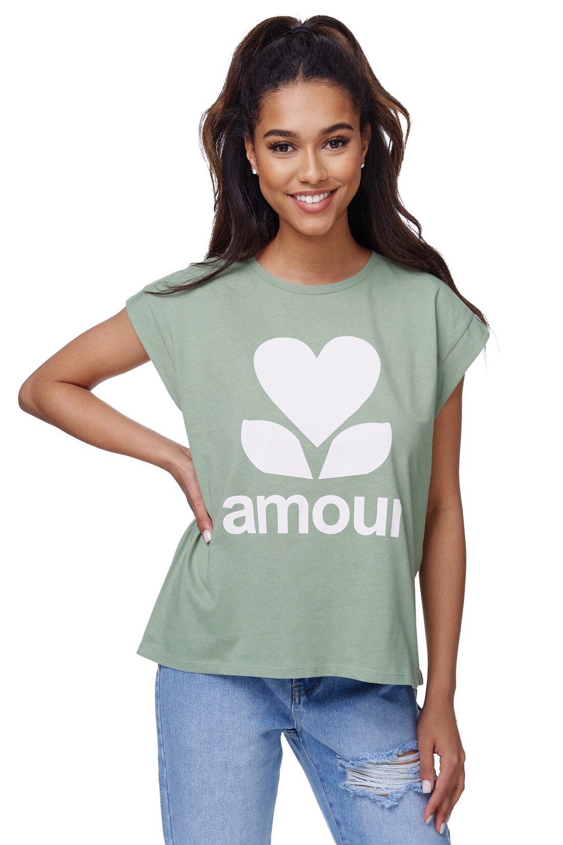 RAYSHYNE Damen T-Shirt mit modischem Aufdruck Amour in Einheitsgröße RS01 | 04260480128700