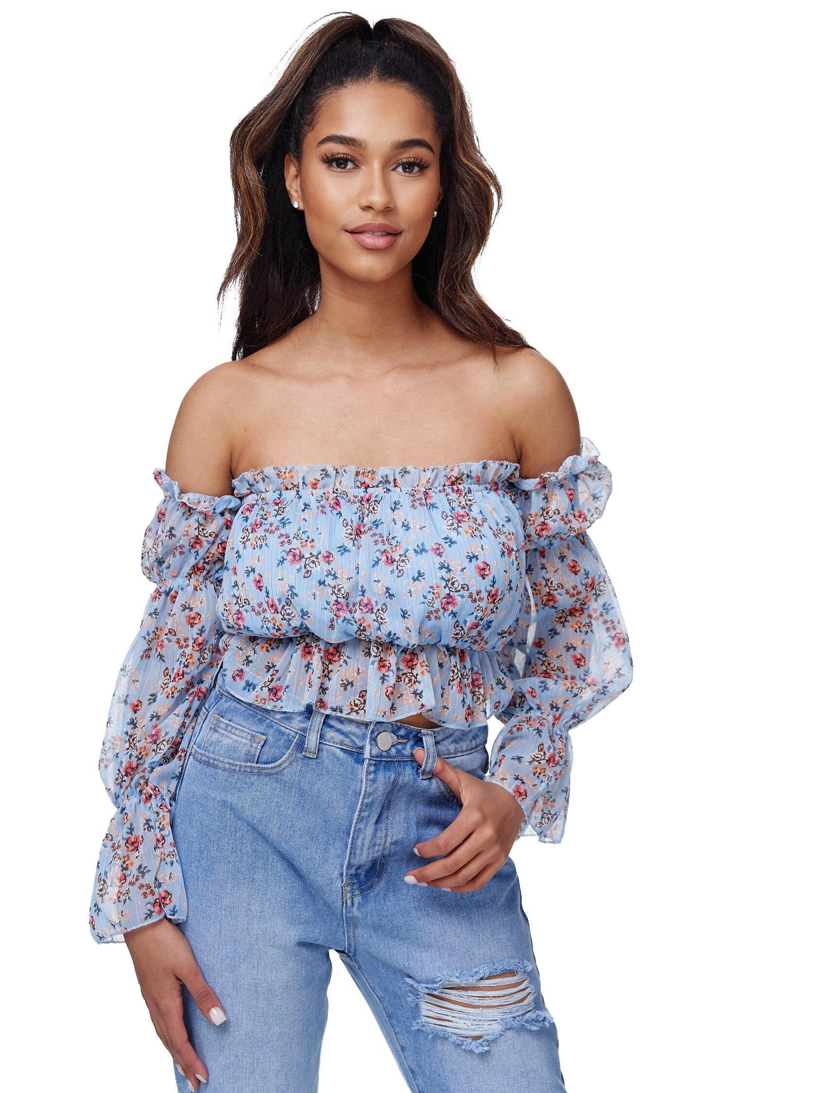 RAYSHYNE Damen Carmenbluse mit floralem Print Schulterfreies Crop Top in Einheitsgr&ouml;&szlig;e RS02 - Bild 1