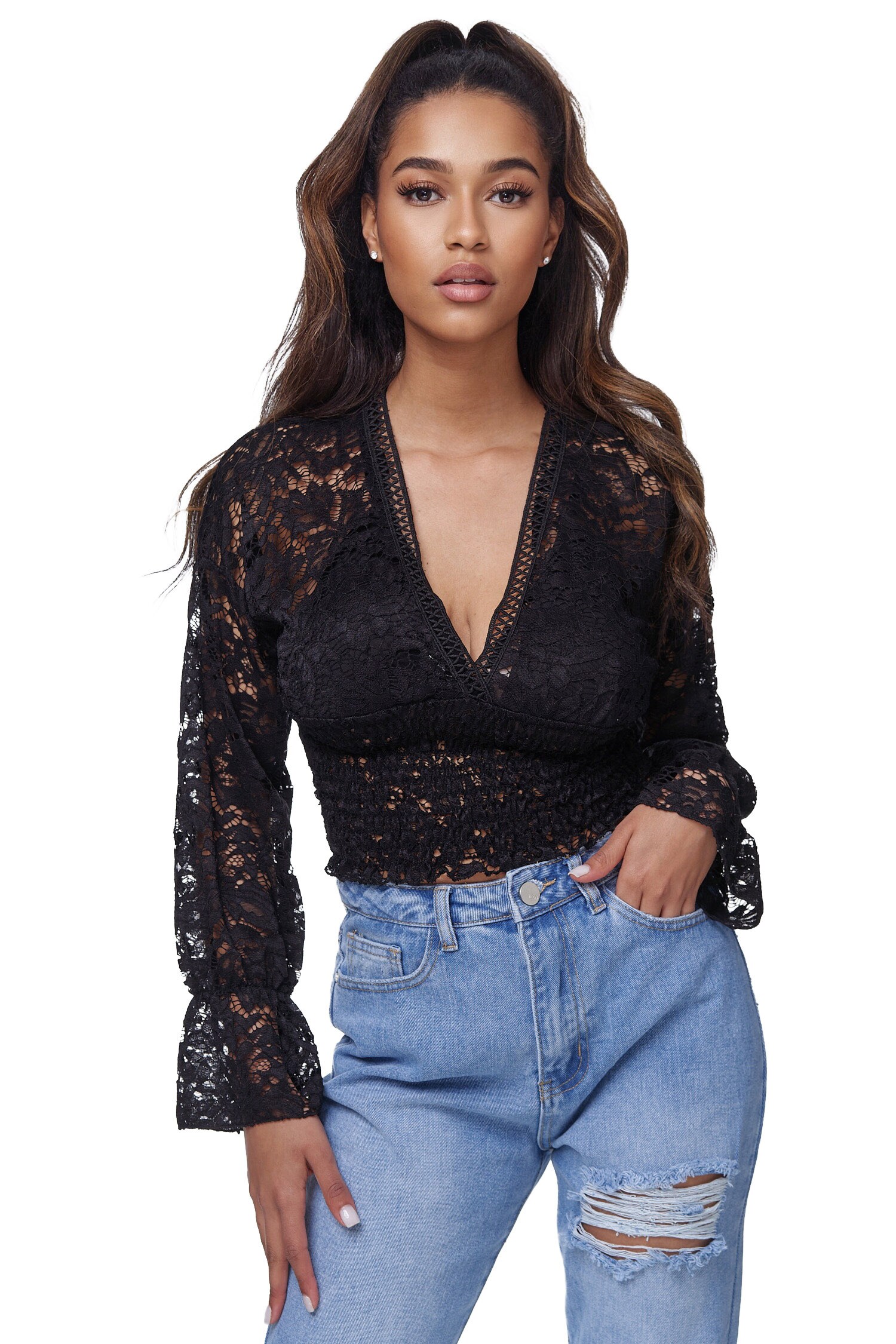 RAYSHYNE Damen Spitzentop Bauchfreies Spitzentop mit gesmokter Taille RS18 - Bild 1