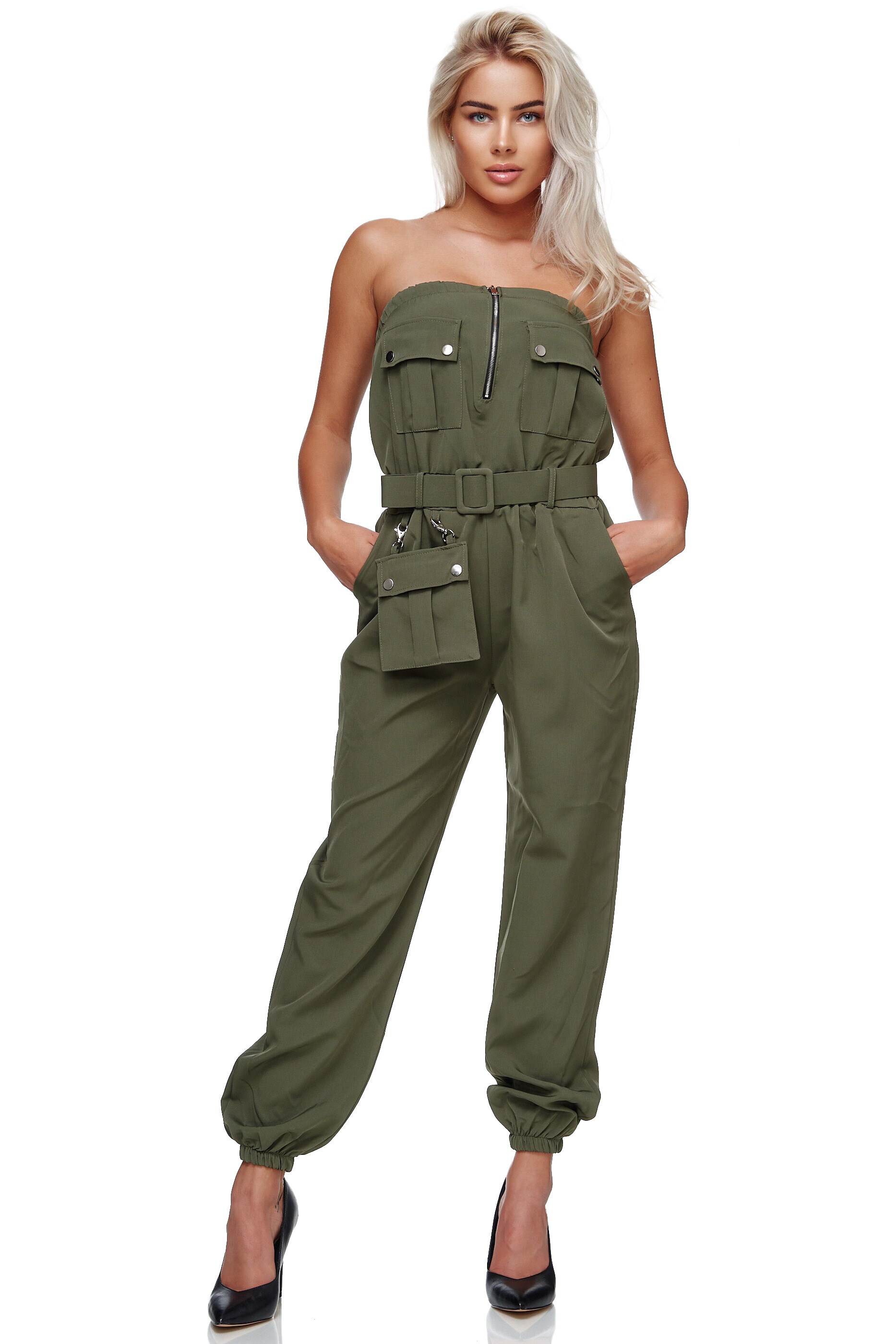 RAYSHYNE Damen Jumpsuit Schulterfreier Overall Hosenanzug im Cargo Stil RS10 - Bild 1