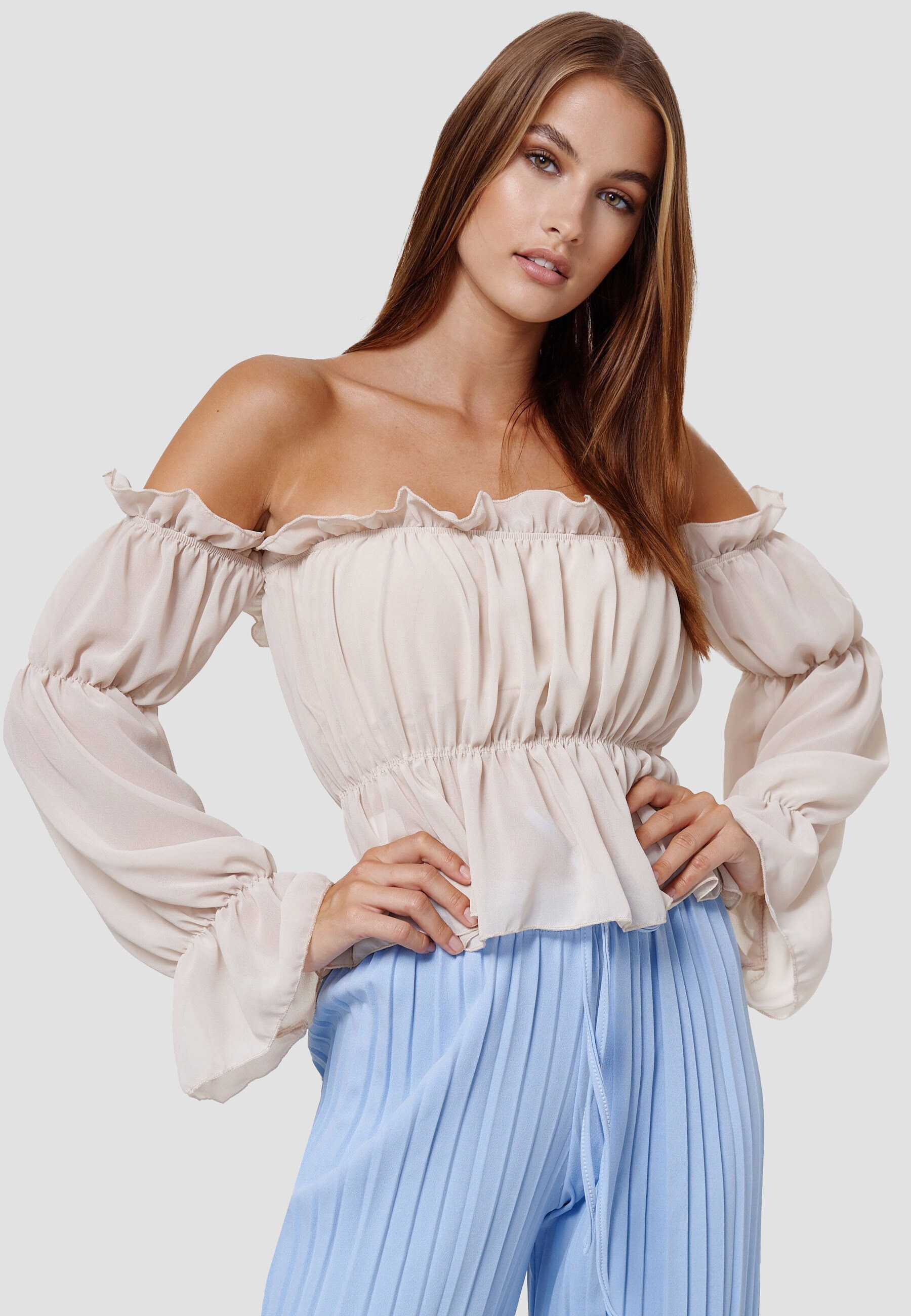 RAYSHYNE Damen Carmenbluse Bauchfreies Carmen Top mit gerafften &Auml;rmeln RS20 - Bild 1