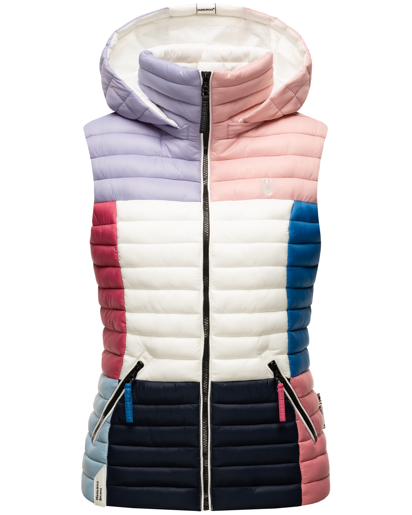 NAVAHOO Damen Steppweste Ärmellose Weste im Colourblocking-Stil und Kapuze Shadaa Multikulti