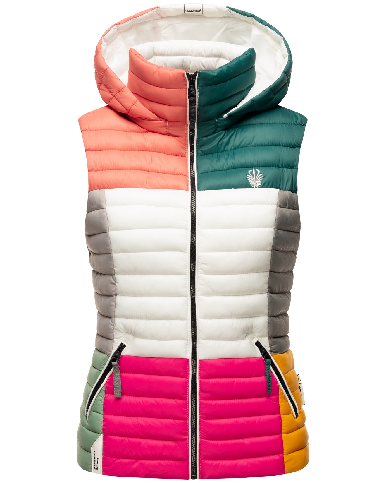 NAVAHOO Damen Steppweste Ärmellose Weste im Colourblocking-Stil und Kapuze Shadaa Multikulti