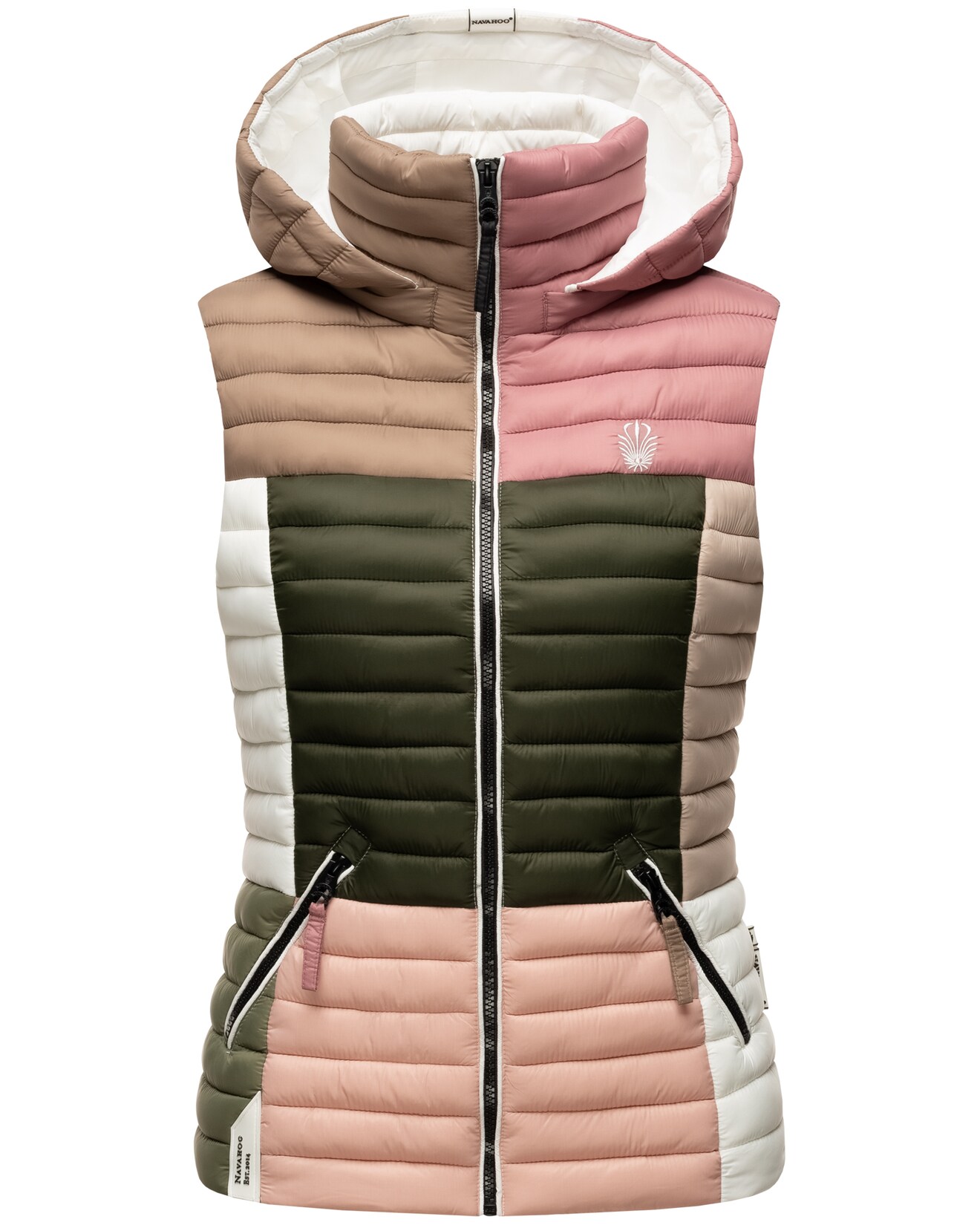 NAVAHOO Damen Steppweste Ärmellose Weste im Colourblocking-Stil und Kapuze Shadaa Multikulti