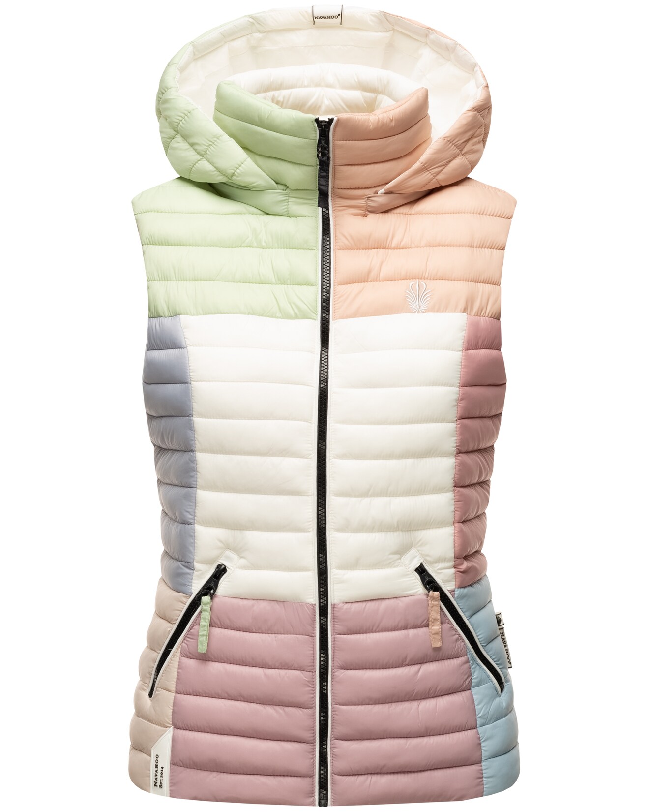 NAVAHOO Damen Steppweste Ärmellose Weste im Colourblocking-Stil und Kapuze Shadaa Multikulti