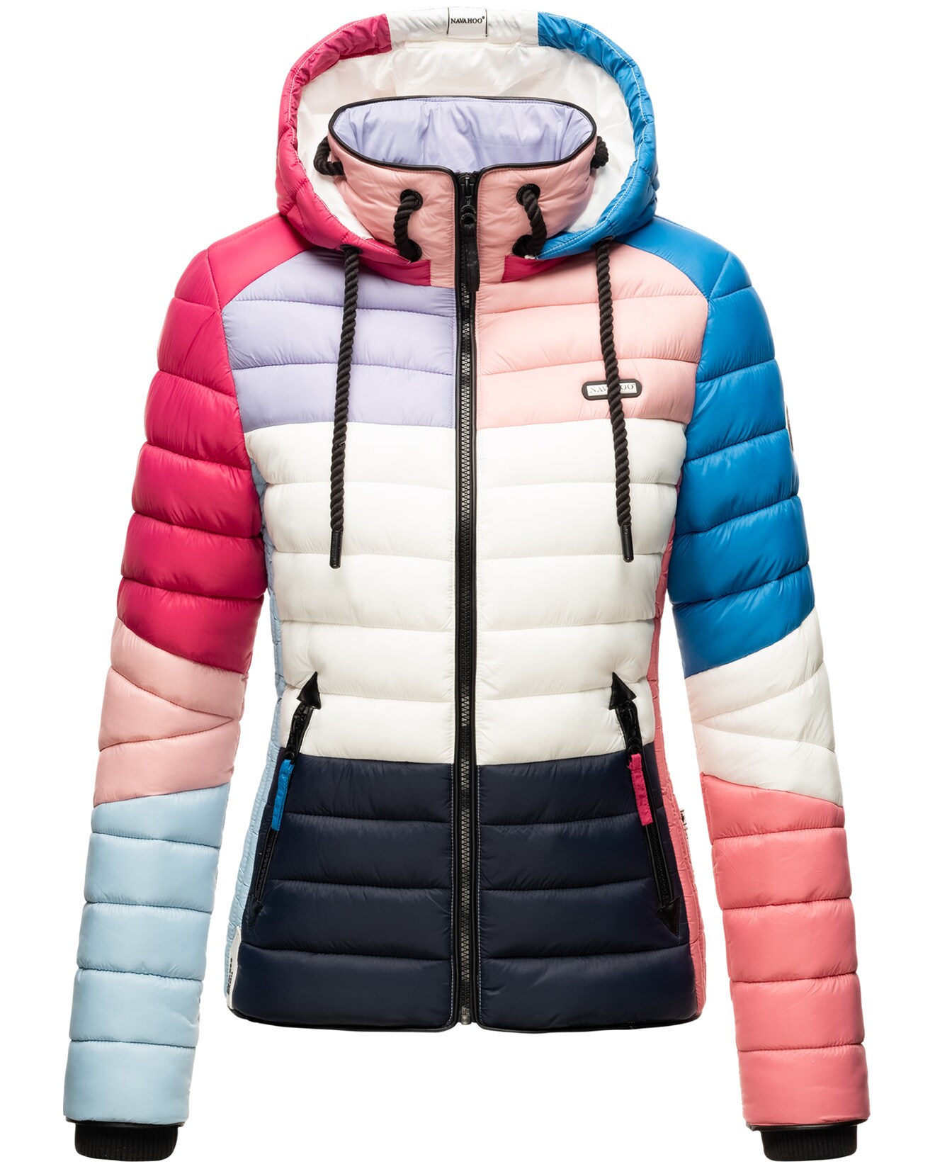 NAVAHOO Damen Steppjacke leichte Übergangsjacke mit Kapuze im Colourblocking Stil Lulana Multikulti