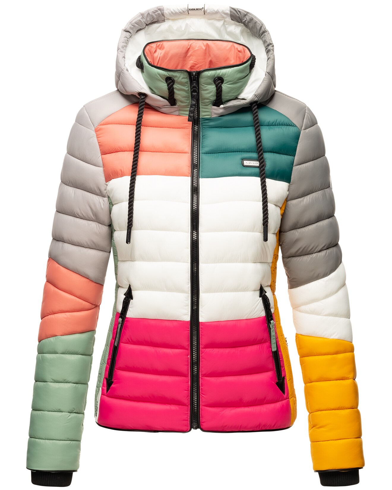 NAVAHOO Damen Steppjacke leichte Übergangsjacke mit Kapuze im Colourblocking Stil Lulana Multikulti