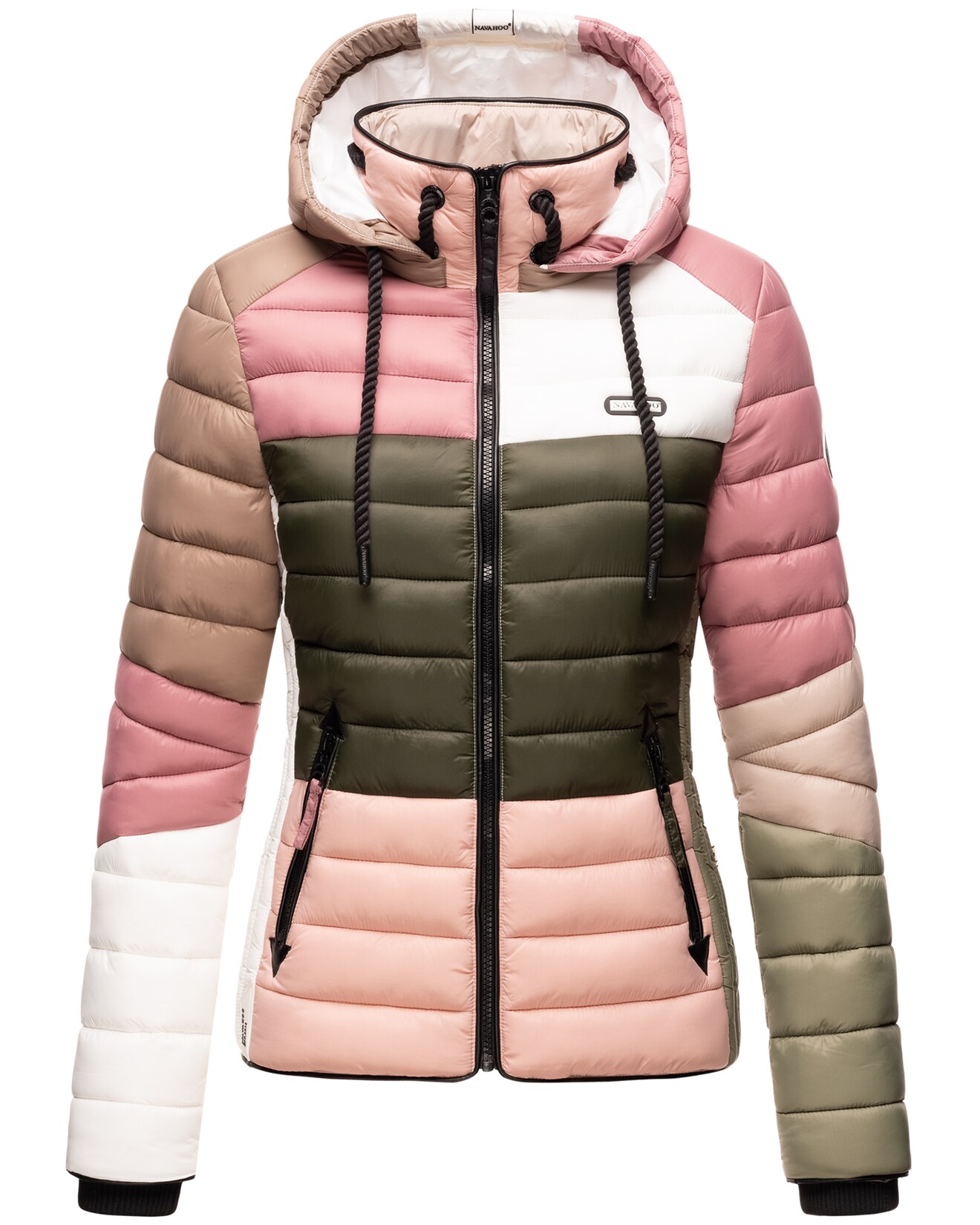 NAVAHOO Damen Steppjacke leichte Übergangsjacke mit Kapuze im Colourblocking Stil Lulana Multikulti