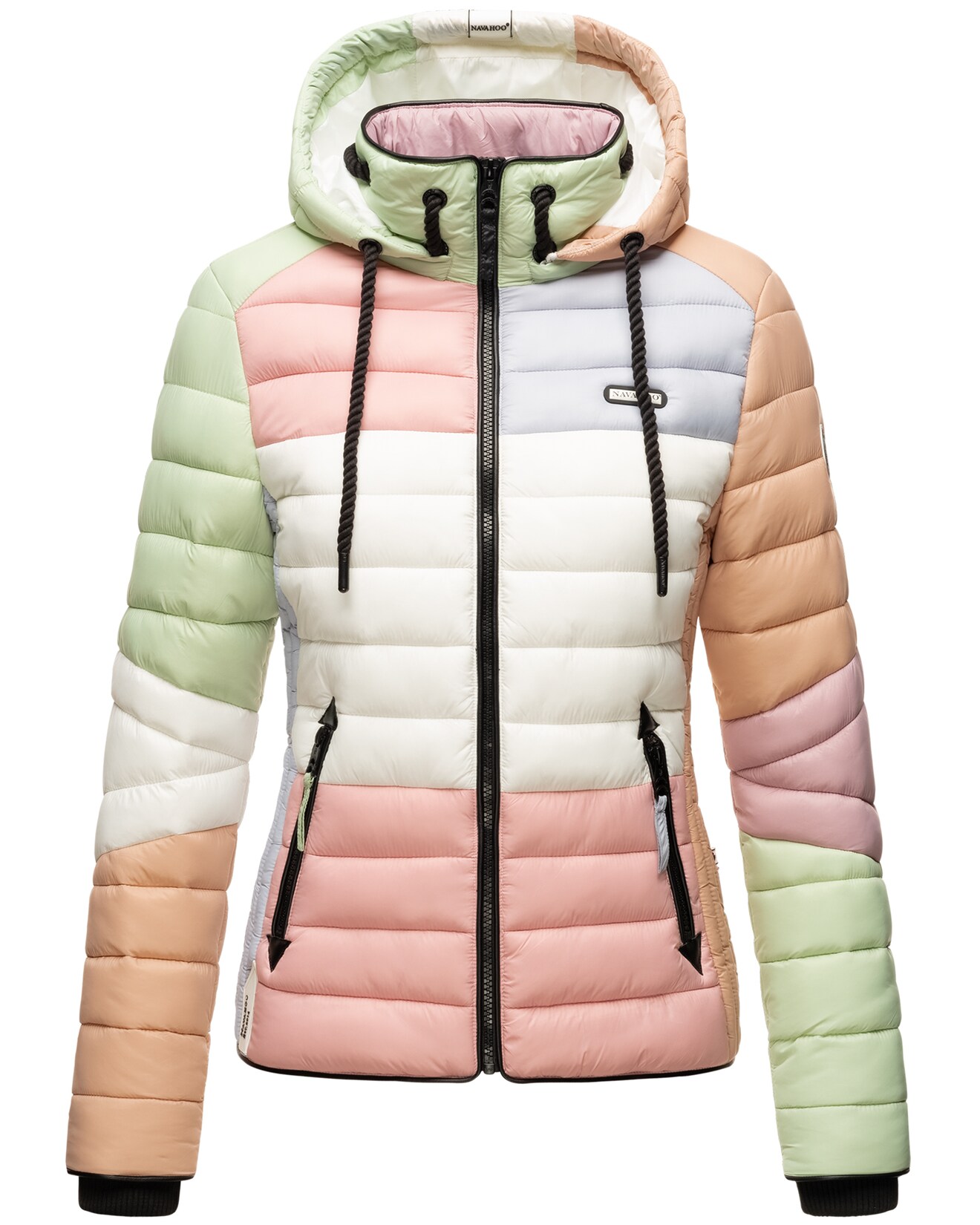 NAVAHOO Damen Steppjacke leichte Übergangsjacke mit Kapuze im Colourblocking Stil Lulana Multikulti