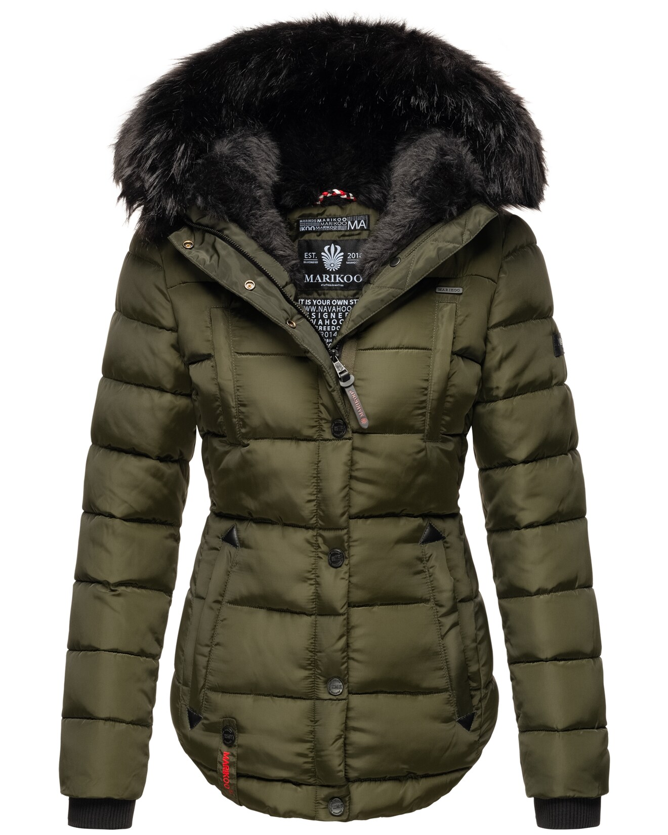 MARIKOO Damen Designer Steppjacke Winter Jacke mit edler Kunstpelz Kapuze Lotusblüte