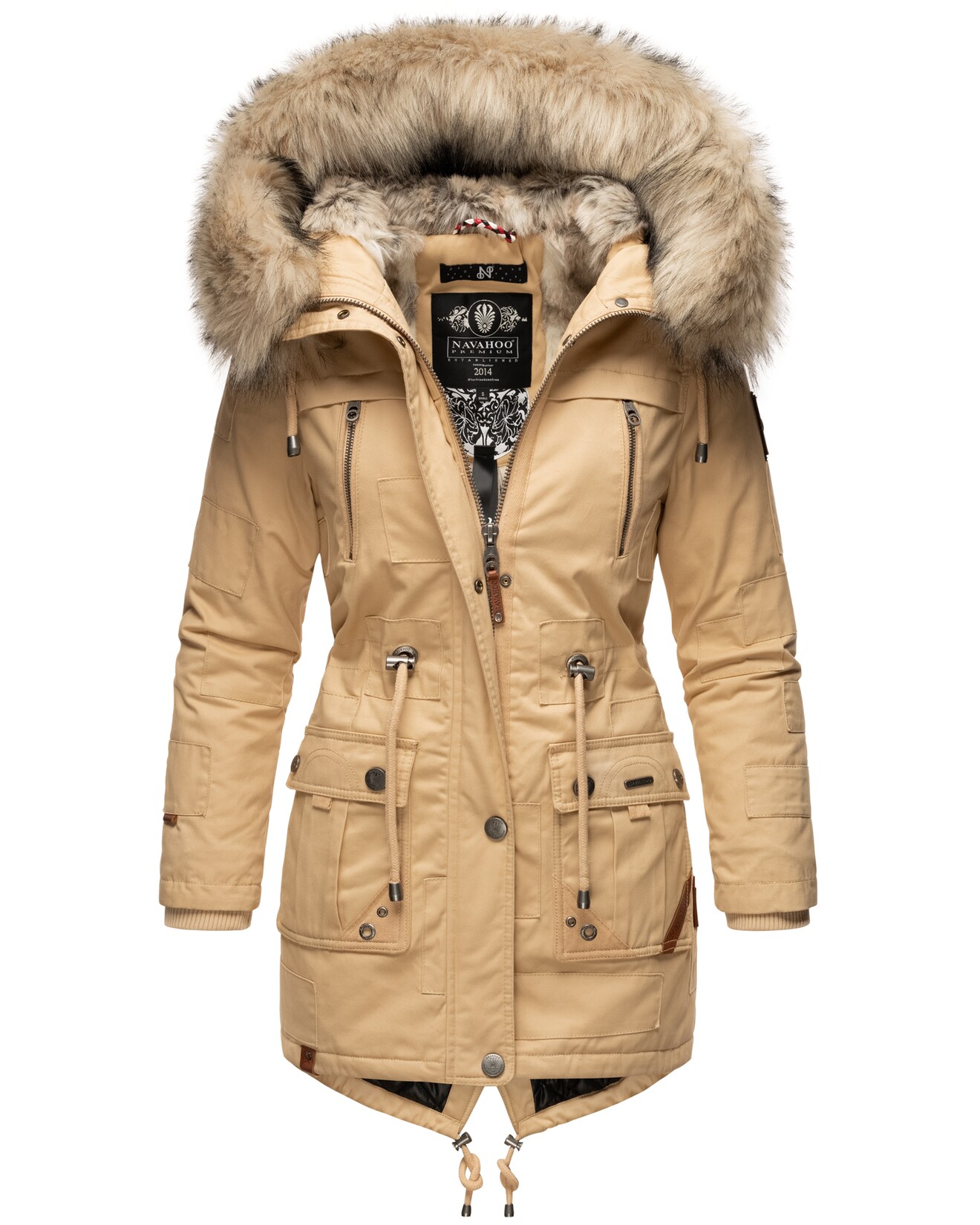 NAVAHOO Damen stylischer Wintermantel Baumwollparka mit Kunstfell-Kapuze Honigfee