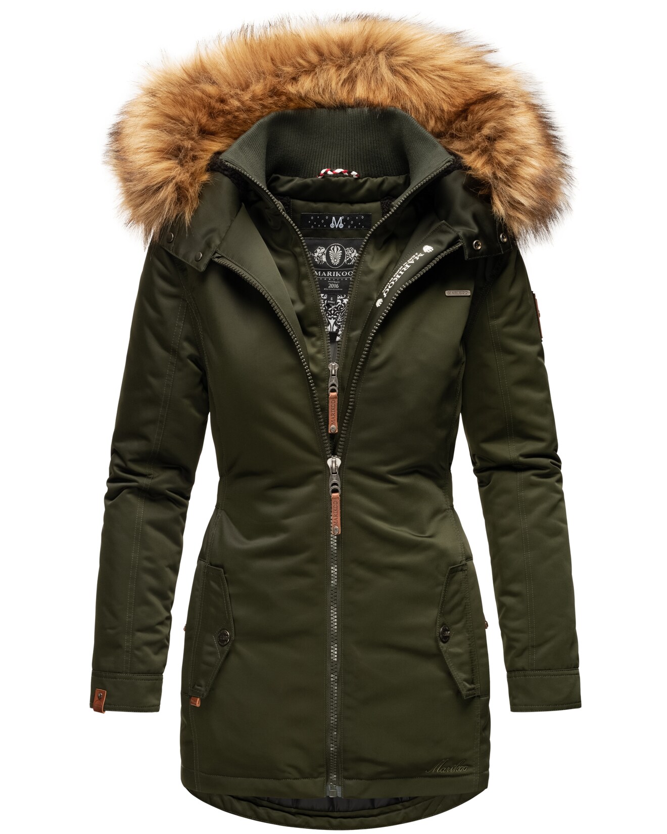 MARIKOO Damen Eleganter Wintermantel Kurzmantel mit Kunstfellkapuze Sanakoo
