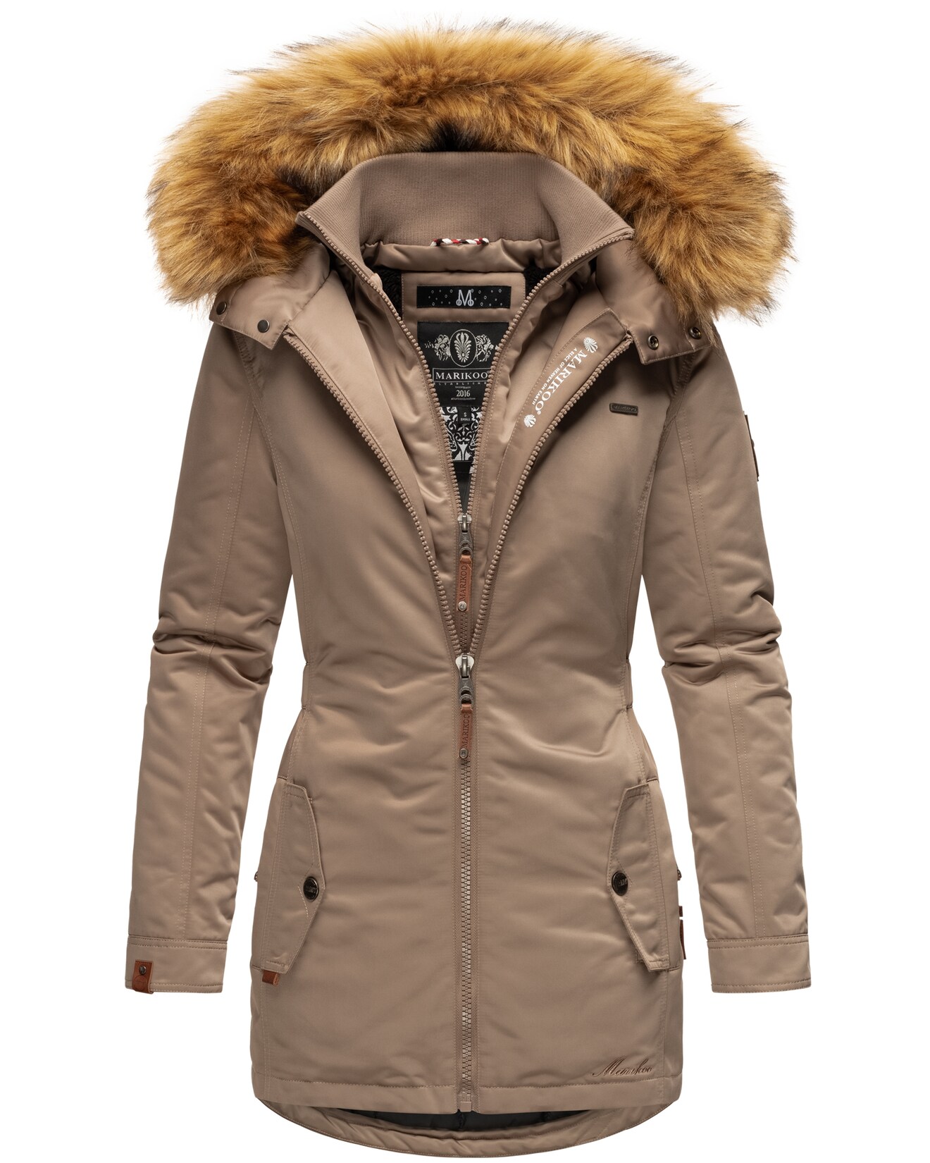 MARIKOO Damen Eleganter Wintermantel Kurzmantel mit Kunstfellkapuze Sanakoo