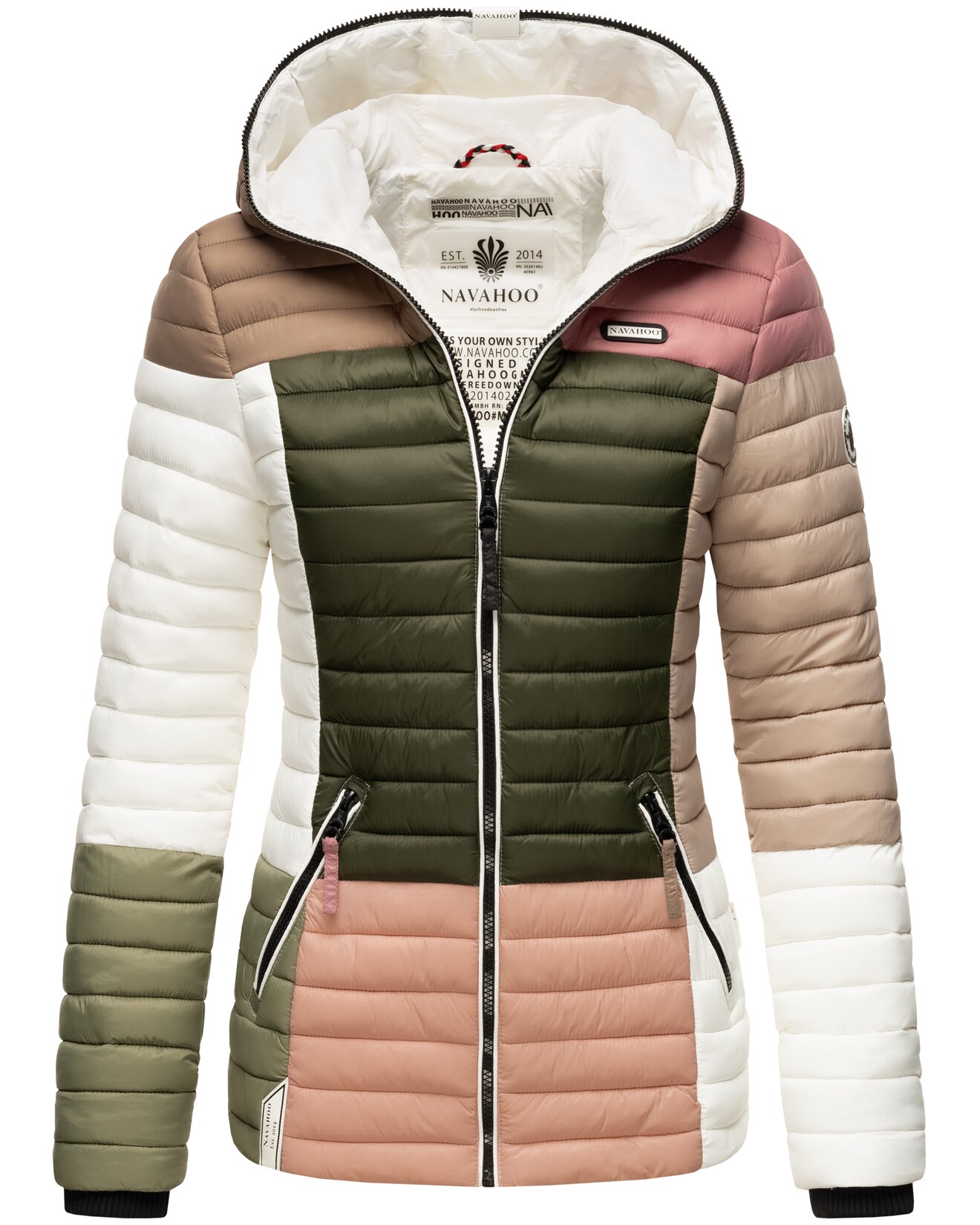 NAVAHOO Damen Stylische Steppjacke Colorblocking Übergangsjacke mit Kapuze Multikulti